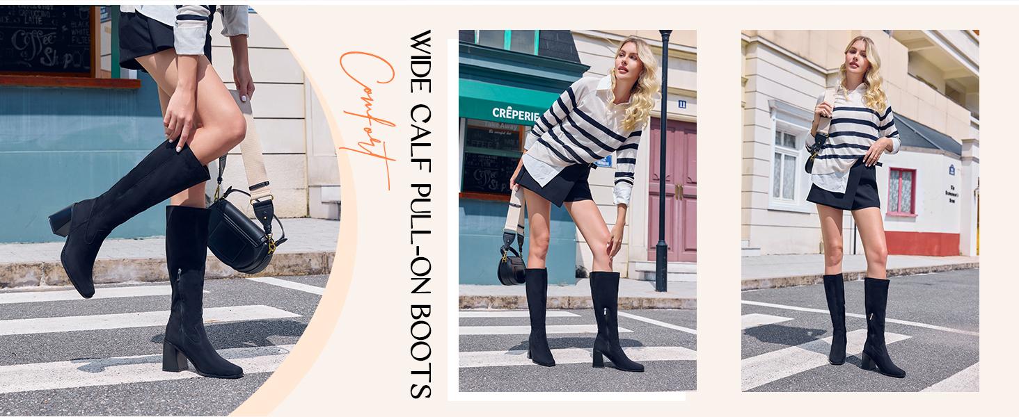 Coutgo Women's Knee High Boots Wide Calf Square Toe Chunky Heeled Pull-on Boot