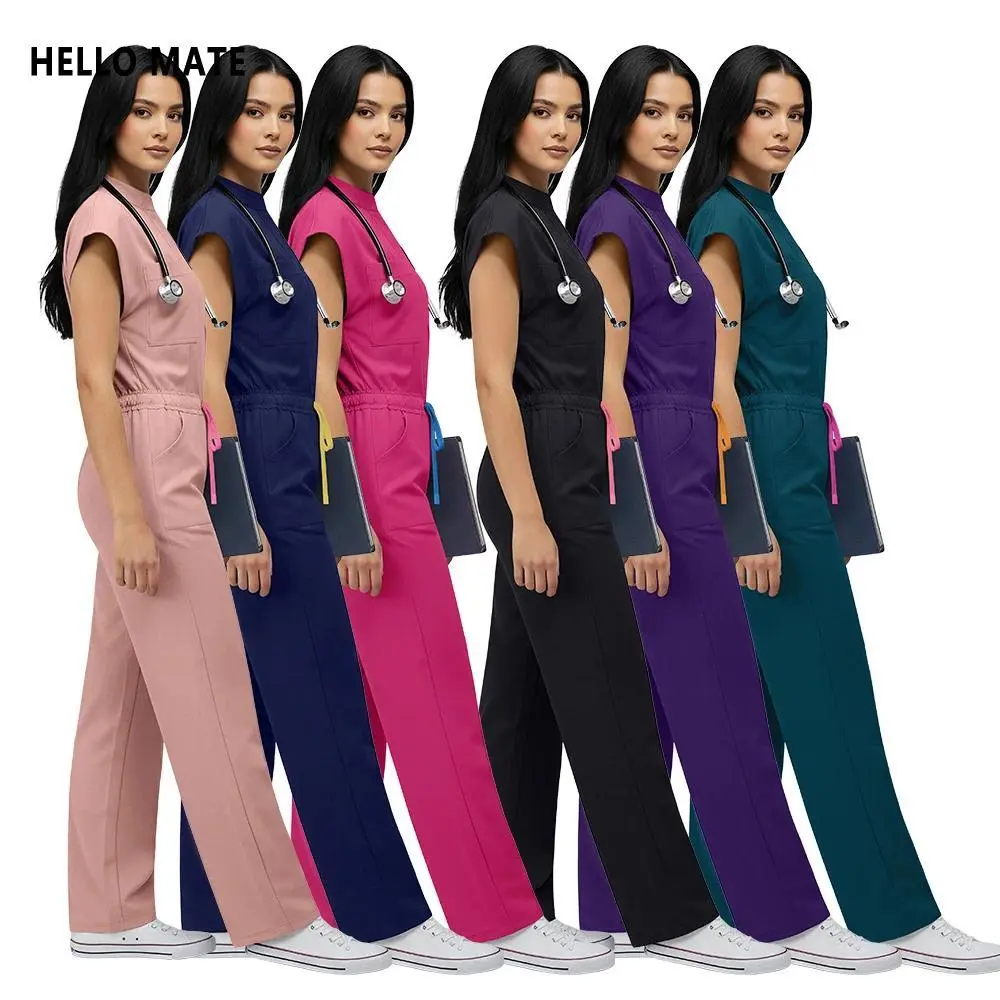 Women's Solid Scrub Jumpsuit, Short Sleeve Round Neck Pocketed Medical Uniform for Hospital and Salon Workwear, Basic, Minimalist