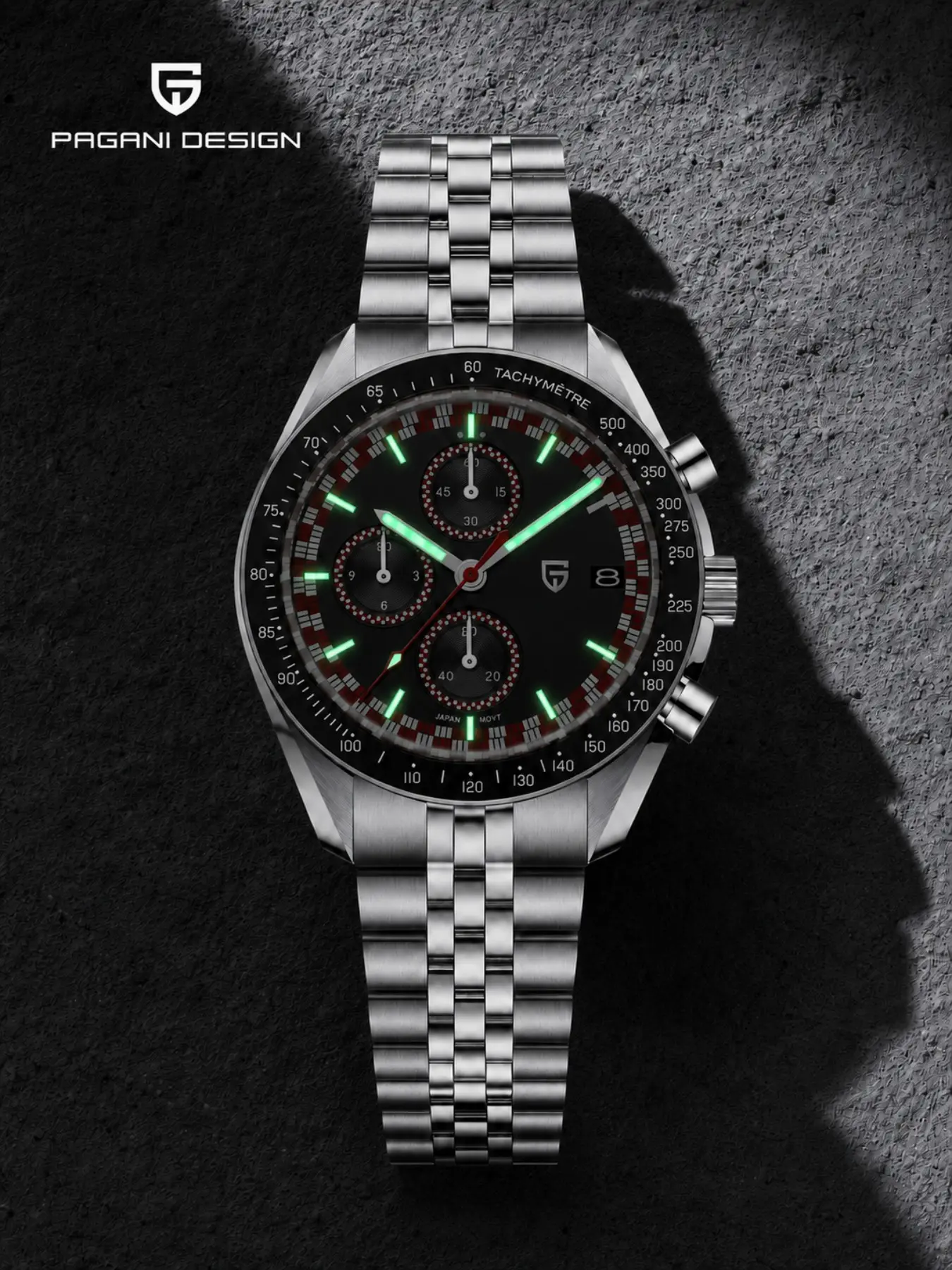 PAGANI DESIGN Men’s Quartz Chronograph Watch, 40mm Racing Tachymeter Dial, Japan TMI VK67 Movement, Synthetic Sapphire Crystal, 100M Water Resistant, Luminous Stainless Steel Bracelet Luxury Sport Watch PD-1816