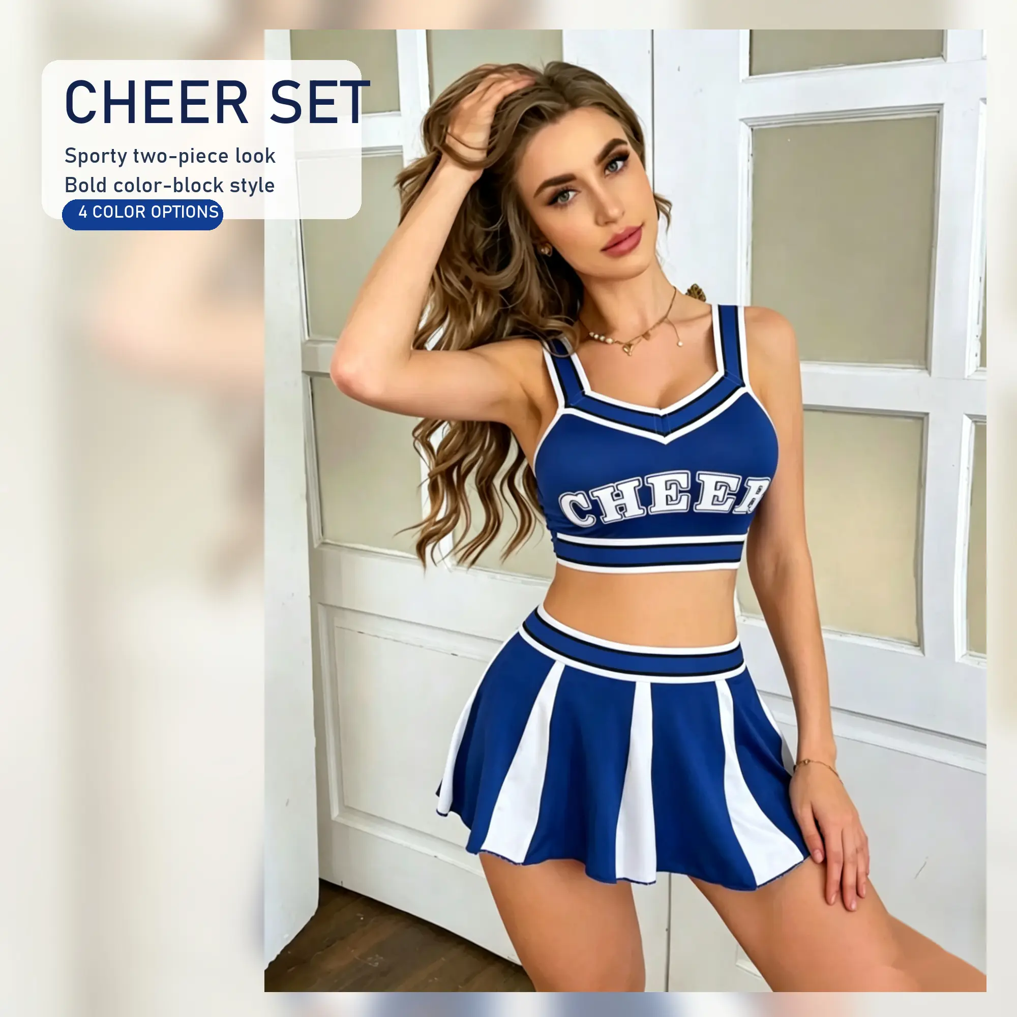 Women's 2-Piece Cheerleader Costume, Sporty Spandex Lingerie Style Set with Letter Print Crop Top and Pleated Mini Skirt for Game Day Party, Clothes, Fabric, Sleeveless, Matching, Football, Tank Top, Fits