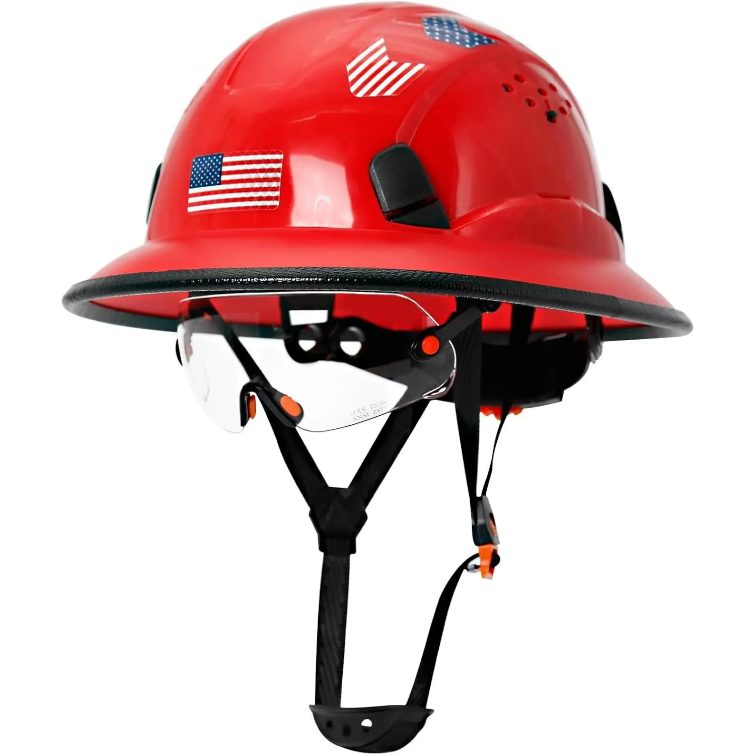 Full Brim Hard Hat with Clear Visor, Vented Construction Helmet, Ratchet Suspension, Chin Strap, Reflective Stripe, Wide Brim for Outdoor Work Sites