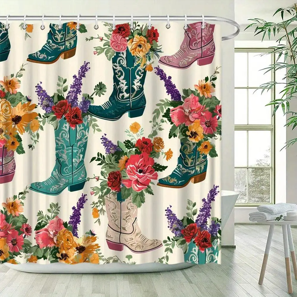 [Summervibes] Western Cowboy Boots Shower Curtain - Turquoise Floral-Patterned Boots Design - Polyester Fabric with Hooks - Plastic Industrial Bathroom Decor Gift for Friends - Country Ranch Themed Home Accessory