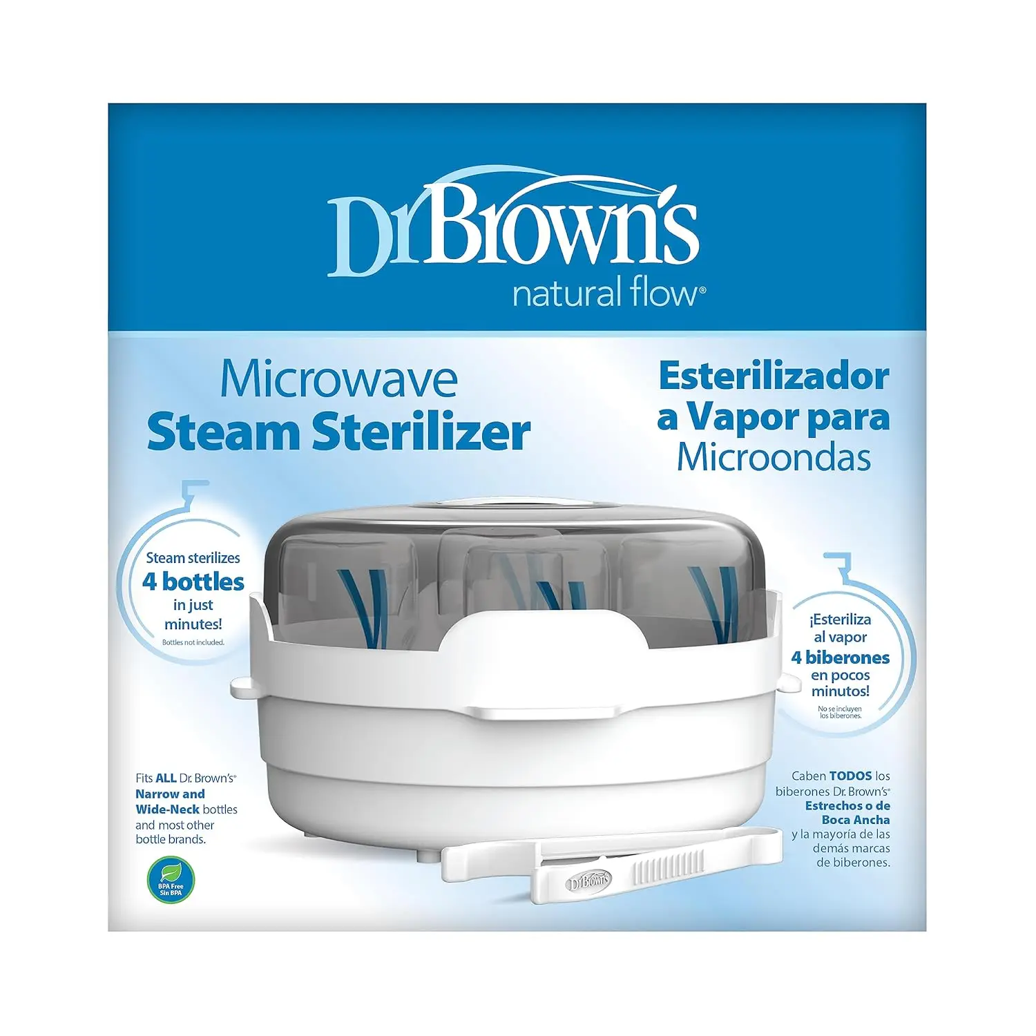 Dr. Brown's Plastic Microwave Steam Sterilizer Unit - Custom Mold, Fits Dr. Brown, Sterilizes Fast for Baby Bottles, Nipples, Bottle Parts, Pacifiers, Teethers, Breast Pump Parts