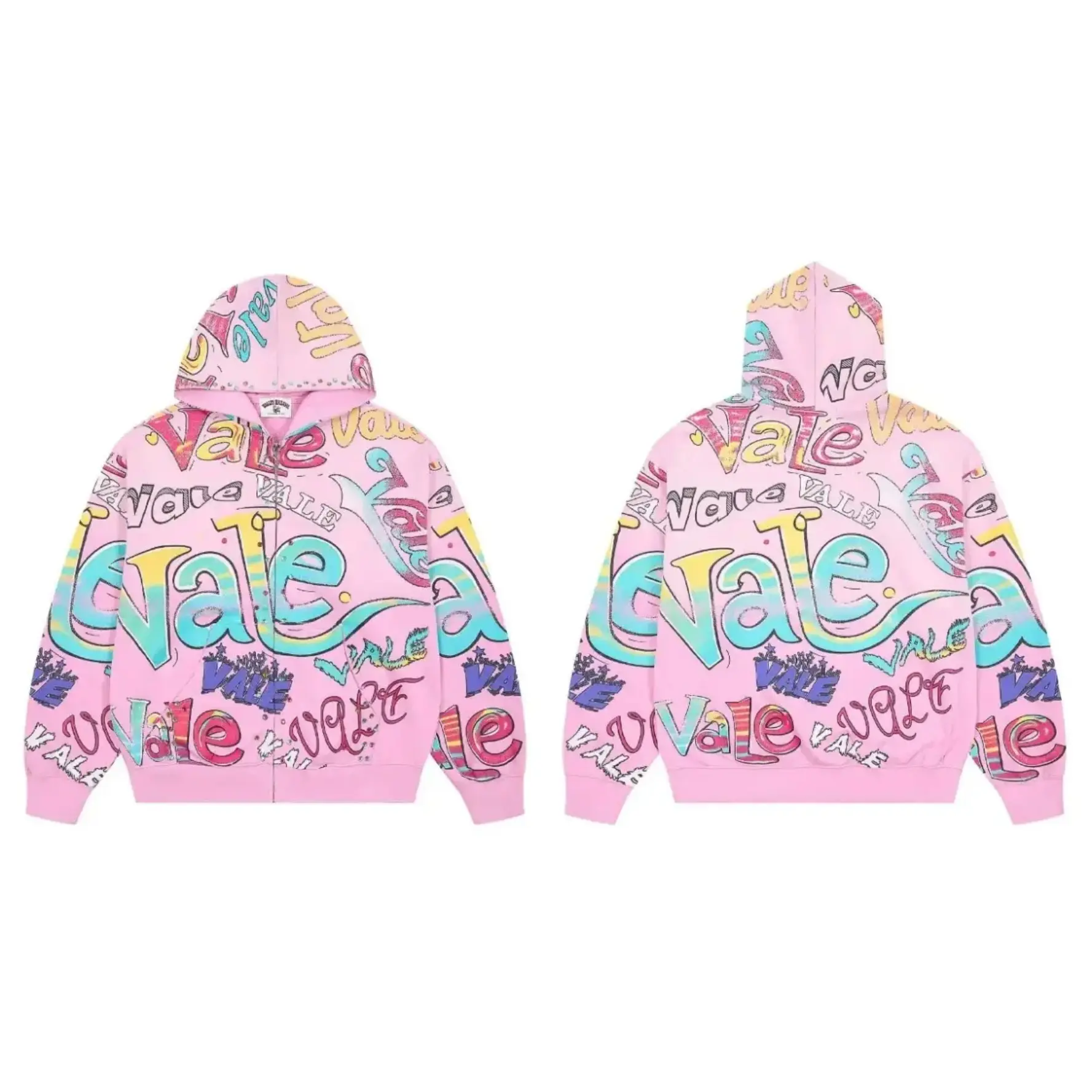 VALE Forever Spearmint Rhinestone Vintage Washed Zip Up Hoodie 100% Cotton Loose Oversized Y2K Full Print Distressed Hooded Sweatshirt Autumn Winter Streetwear Jacket Top Unisex