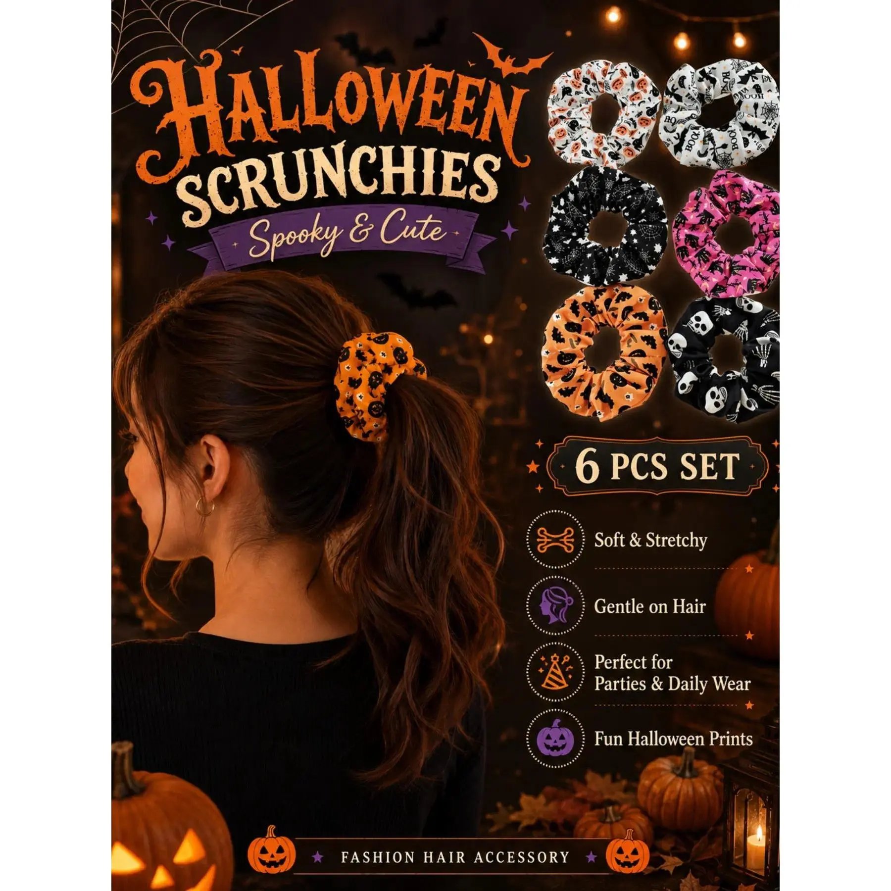 6 Pack Women Gothic Punk Halloween Headbands Elastic Fashion Headbands Dark Mysterious Print with Pumpkin Spider Web Bat Ghost Stretchy Fabric Non Slip Hair Bands Ideal Halloween Cosplay Back to School Costume Hair Accessories Set