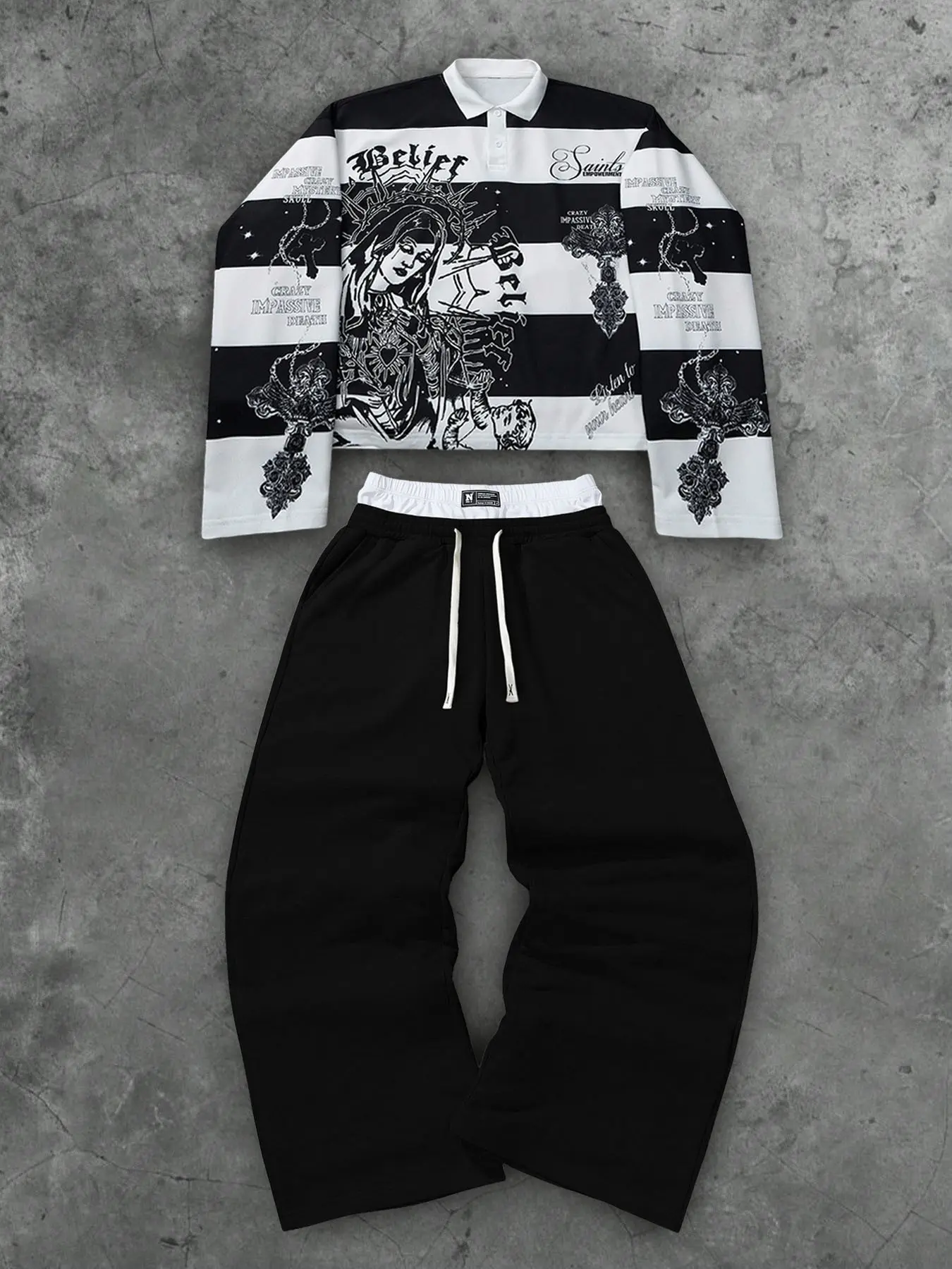 Gothic Madonna Print Short Sleeve Polo Shirt & High Waist Wide Leg Pants Set, Oversized Casual Streetwear for Z Generation, Skateboarding, Daily Commute, Hip Hop Parties