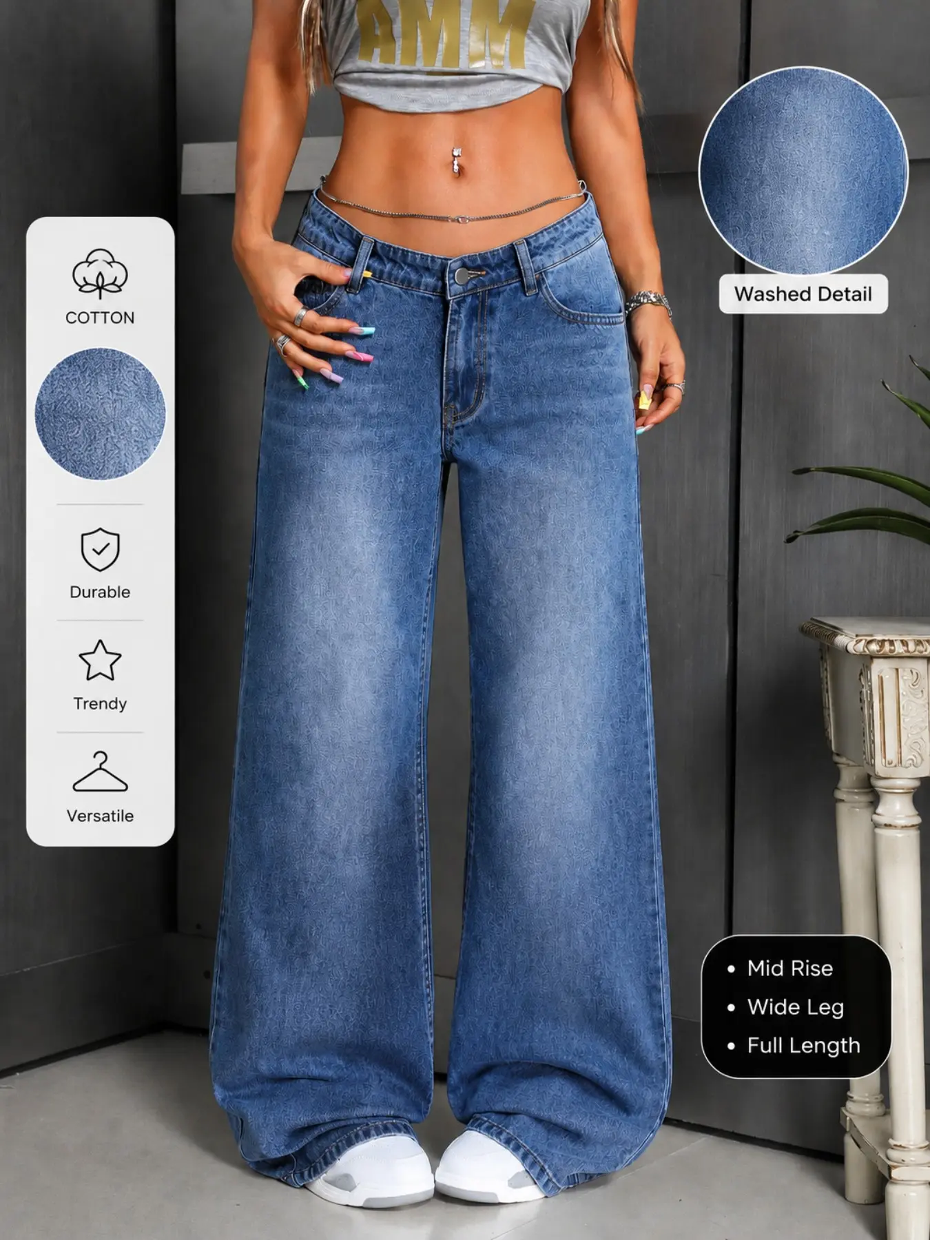 Mid-Rise Baggy Wide Leg Jeans for Women Fit, Spray Stone Wash & Whisker Denim Pants, Slimming Trendy Streetwear, Elegant Chic Summer Bottoms, All Season Casual Everyday Pants