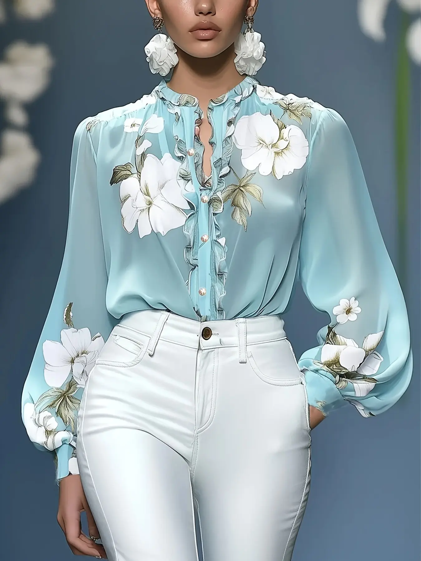 Elegant Floral Print Stand Collar Balloon Sleeve Shirt, Loose-Fitting Long Sleeve Top, Casual All-Season Wear, H-Type Silhouette