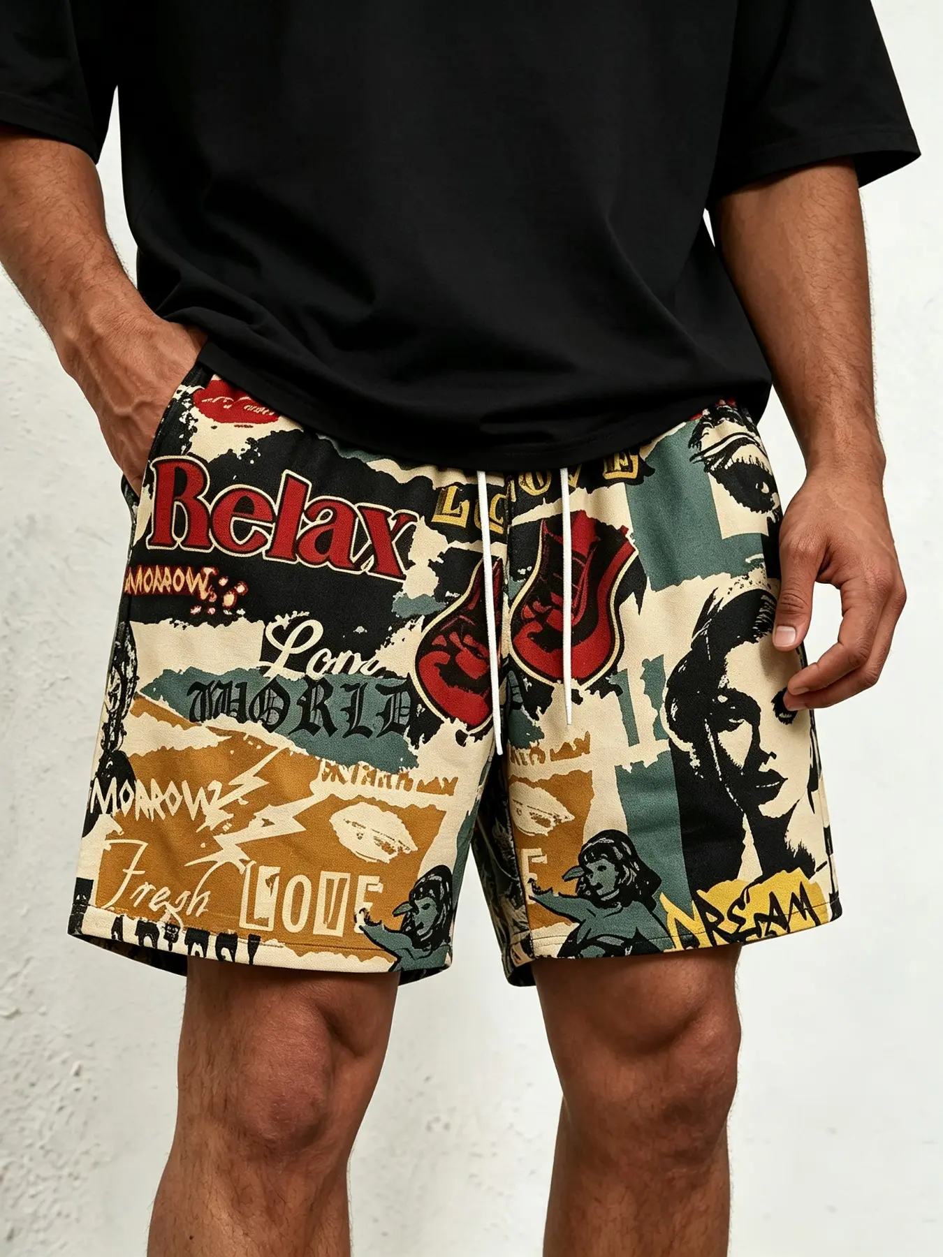 Men's Quick-Dry Beach Shorts, Vintage Cut-Out Design, Forever Young Print, Drawstring Waist, Pockets, Casual Sports Wear, Drawstring Athletic Shorts, Summer Athletic Bottoms