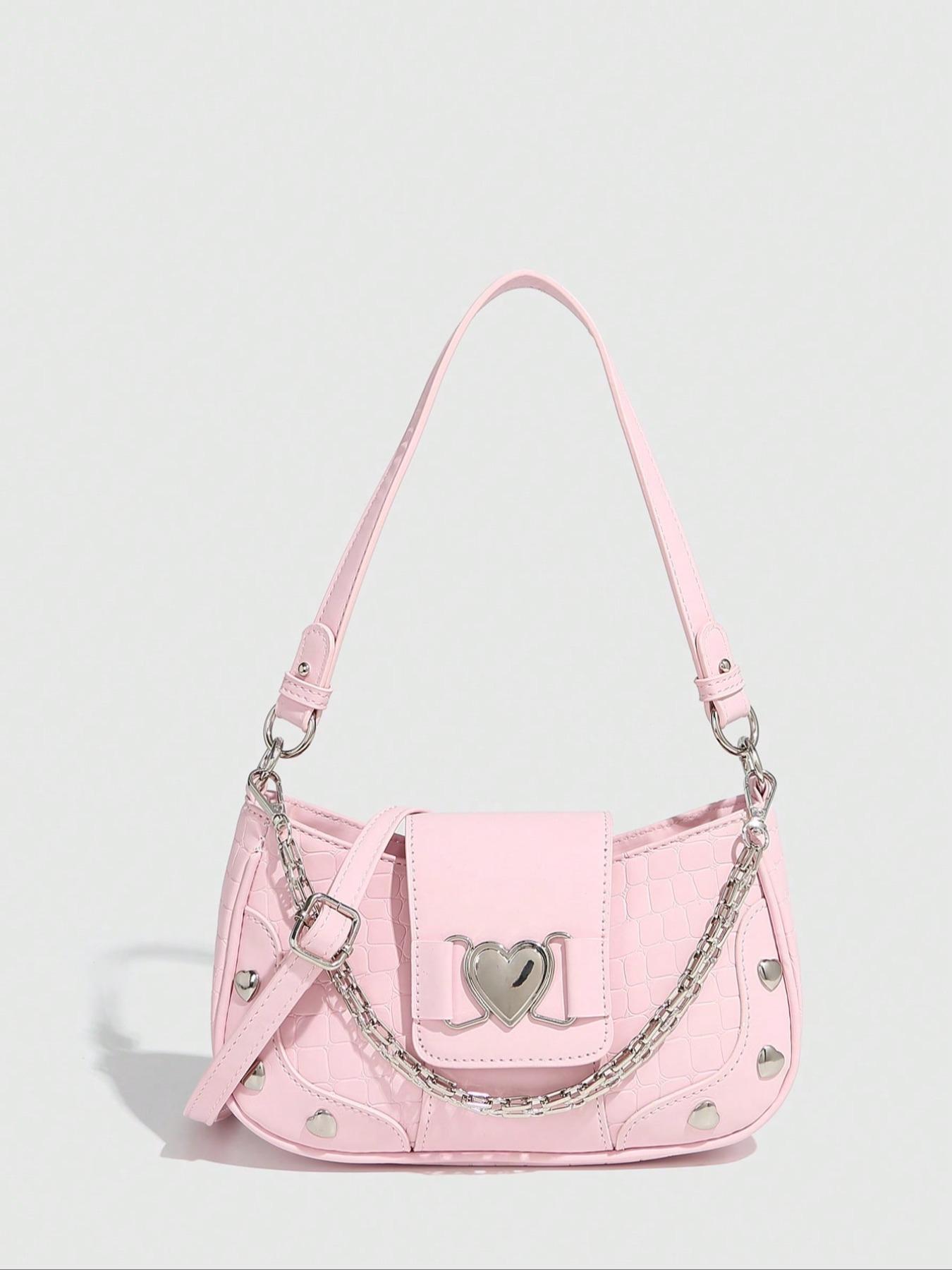 Women's Fashion Chain Decor Shoulder Bag, Heart Decorated Crocodile Textured Pu Leather Bag for Daily Used, Trendy All-match Underarm Bag, Cute Y2k Punk Style Hobo Dumpling Bag, Casual Zipper Purse, Chic Chain Crossbody