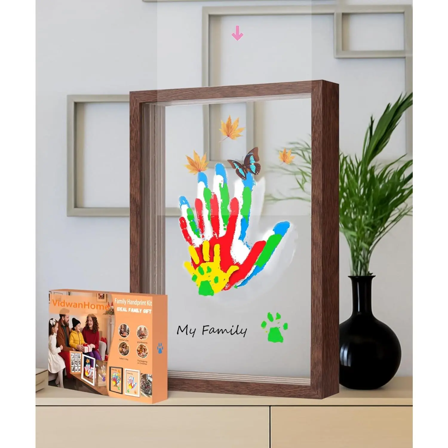 Brown Handprint Kit for 4 – Wooden Frame with 4 Clear Acrylic Boards, DIY Handprint Keepsake for Baby, Pet, Mom, Grandparents, Hand Mold Art Set with Non-Toxic Washable (Brown)
