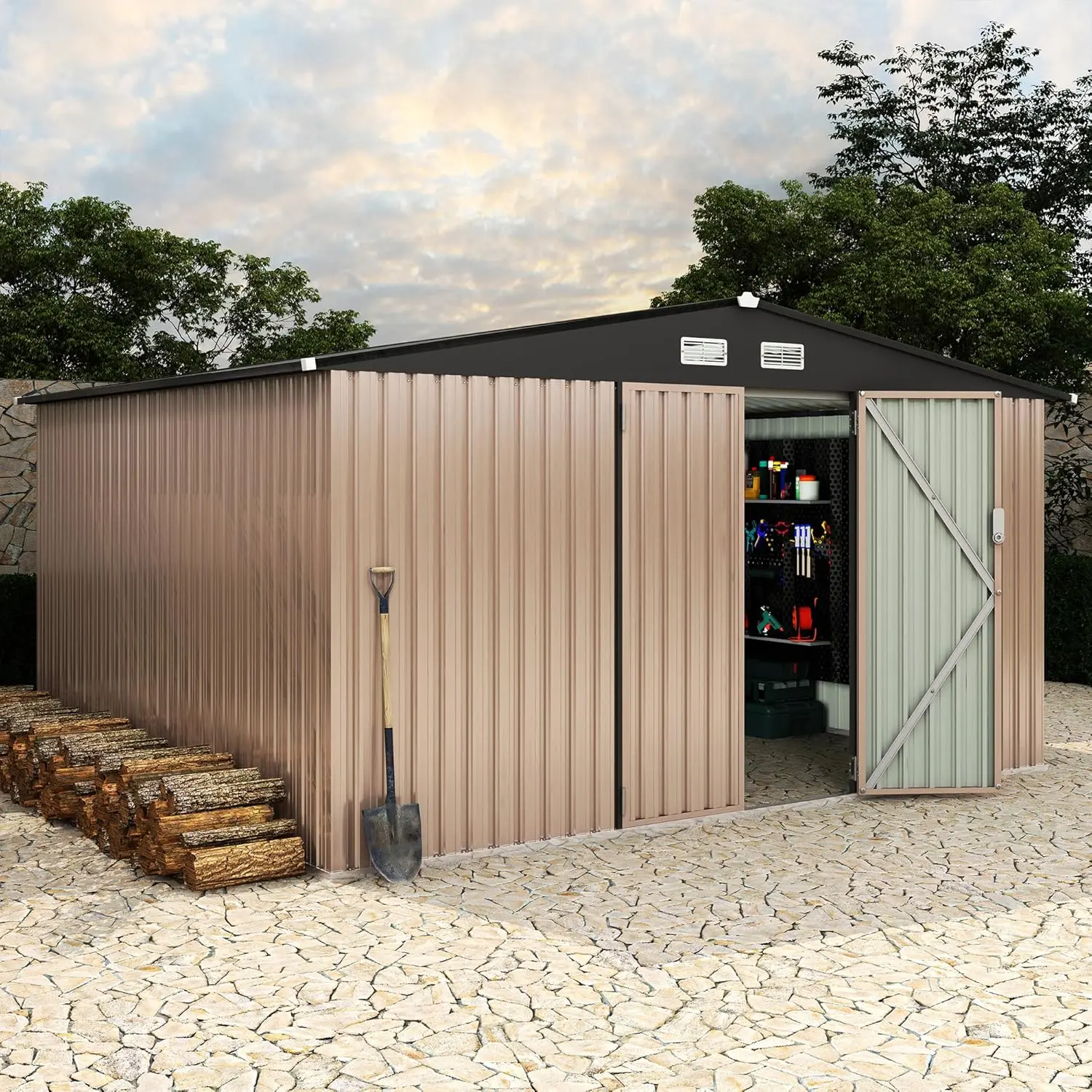 Outdoor Sheds 10x12, Outdoor Storage Shed Garden Tool Shed for Backyard, Utility Sheds Buildings with Air Vent