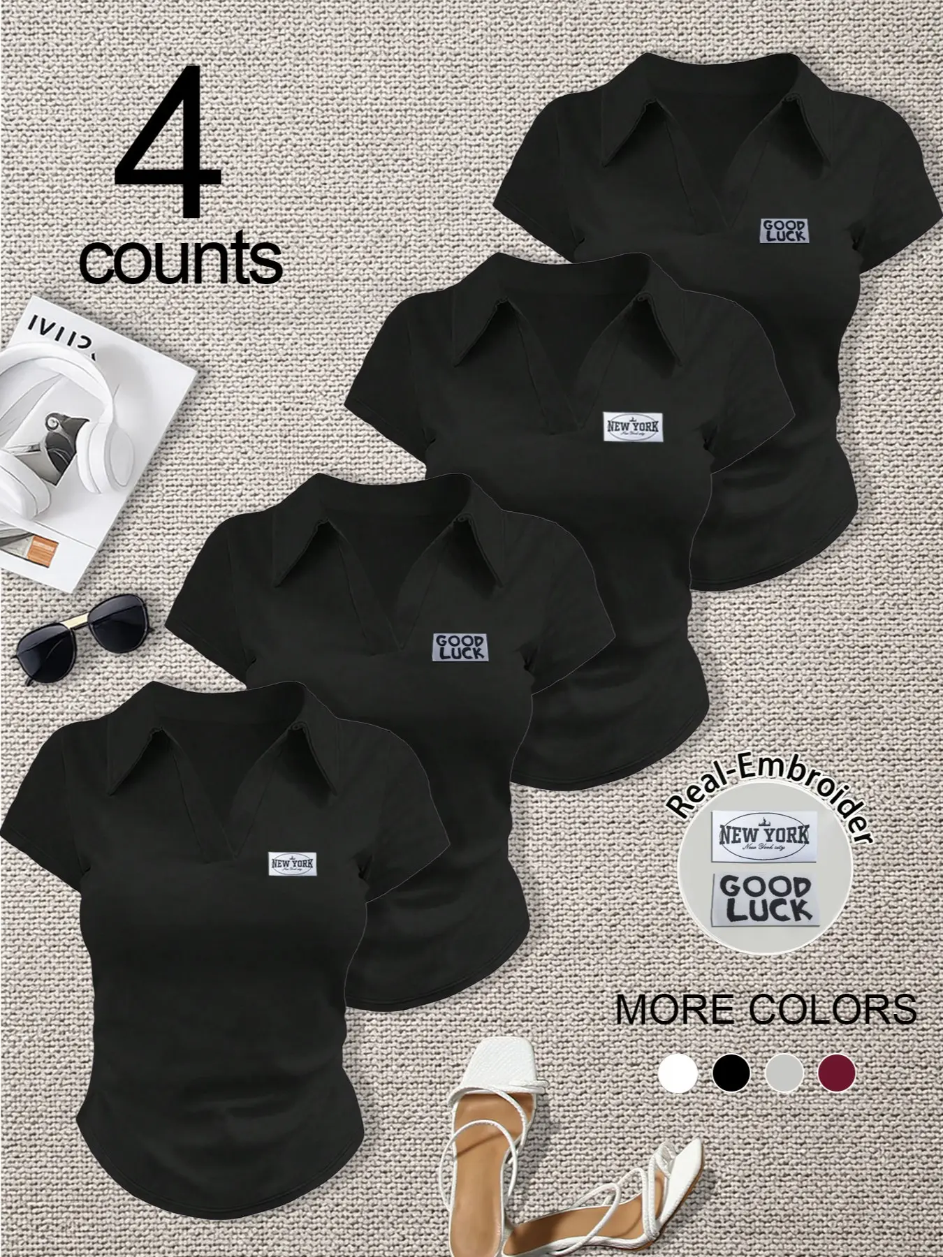 4-Piece Set Women's Casual Slim-Fit Polo Neck Short Sleeve Tops, Fashion English Embroidery, Solid Color, Summer Soft Design
