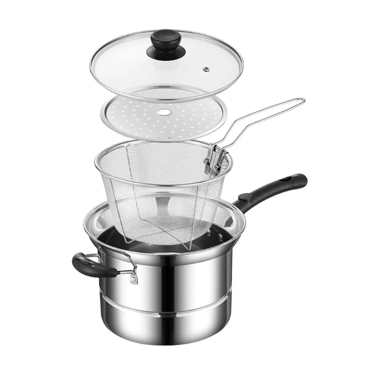 Multifunctional 3 in 1 Cooking Pot, 22cm Stainless Steel Soup Pot with Steamer, Deep Fryer with Basket Lid for Versatile Cooking
