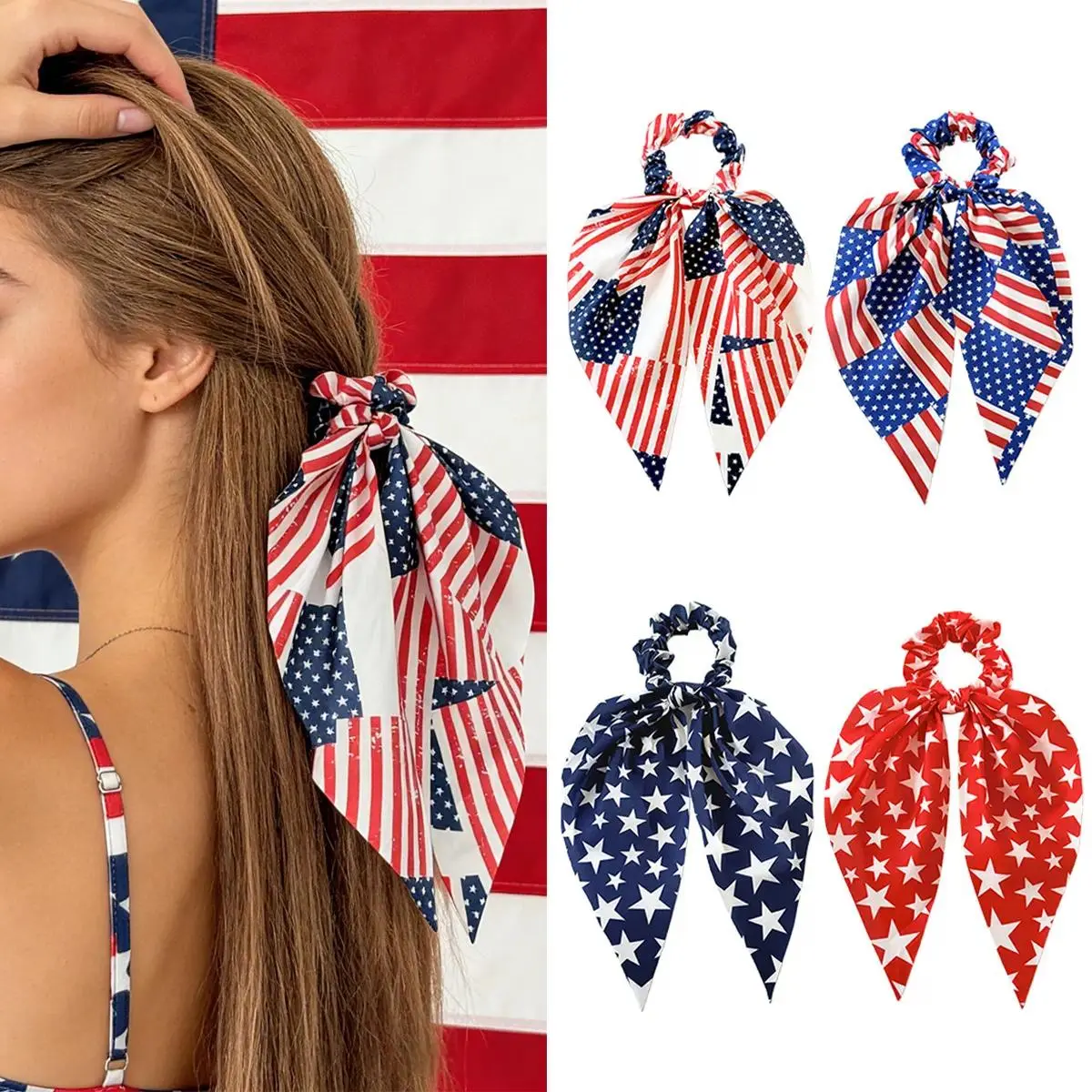 4PCS Patriotic Scarf Scrunchies Set, Red White Blue Star Hair Scrunchies, USA Flag Style Hair Accessories for Women Girls, Summer Party, Festival, Daily Wear & Celebration Outfits summervibes