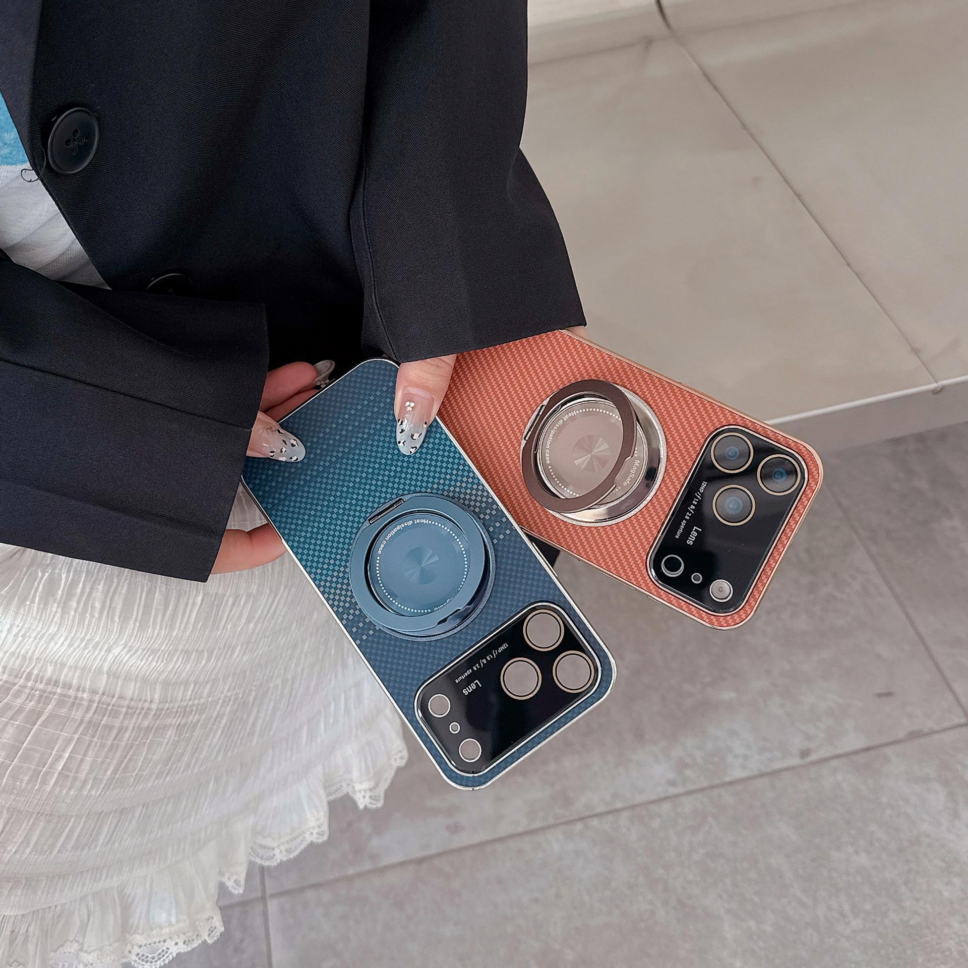 Suitable for iPhone 17 Magnetic Phone Case Rotating Stand iPhone 16 Pro Max Large Window Electroplated Fiber Texture