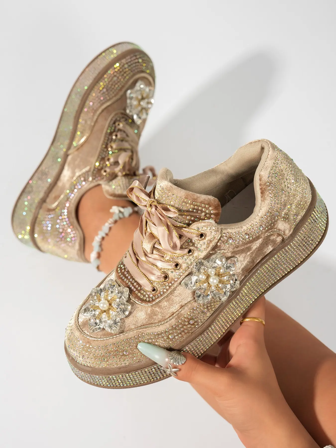 Bling Rhinestone Platform Shoes, Textile Upper, Rubber Sole, Casual Style, All Seasons, Women's Fashion Sneakers, Trendy Streetwear