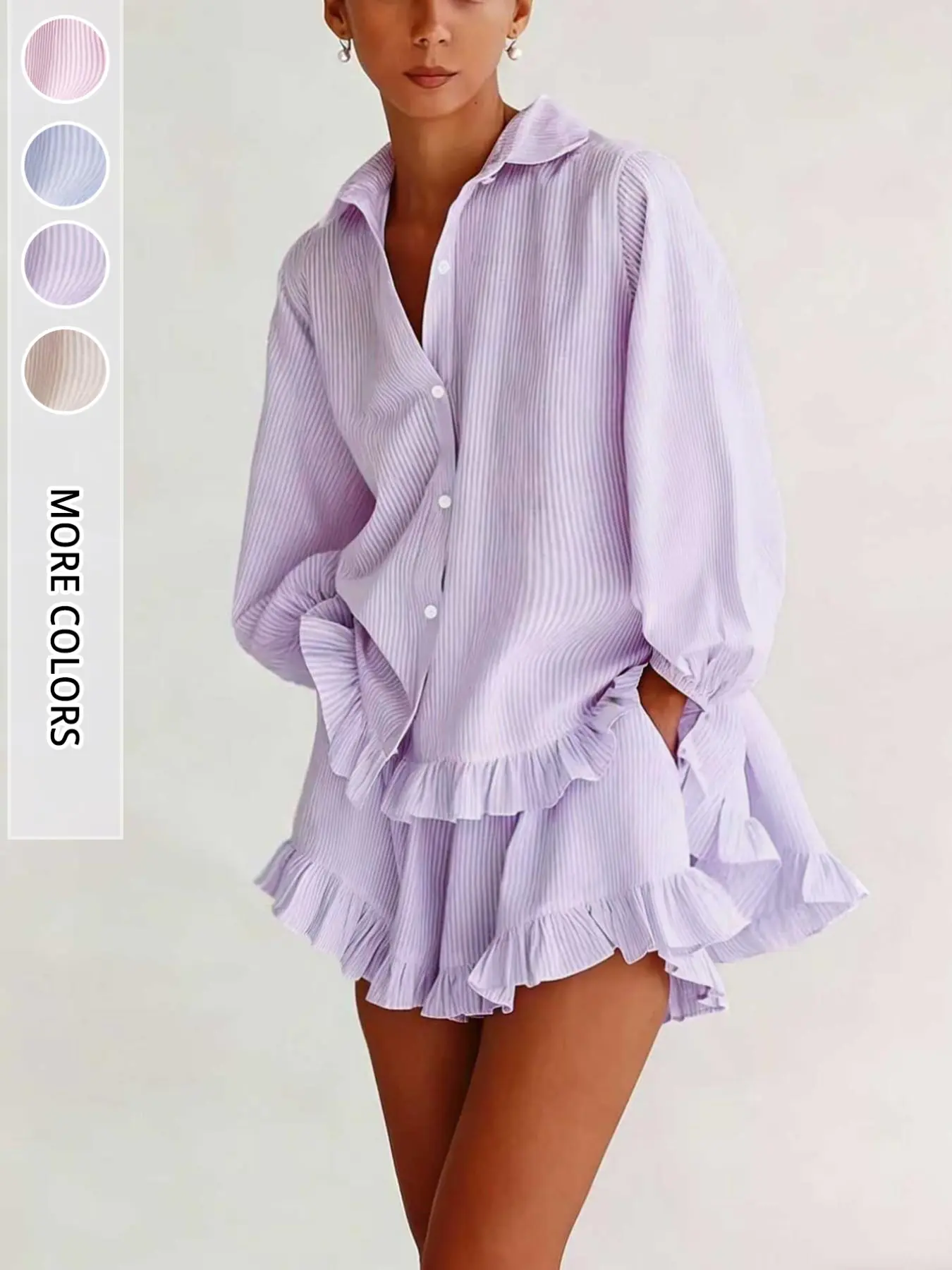 Women's Summer Striped Long Sleeve Bubble Sleeve Top + Ruffle Short Pants Set, Casual Loose Fit, Sweet Style, Perfect for Dates, Vacations, Daily Wear