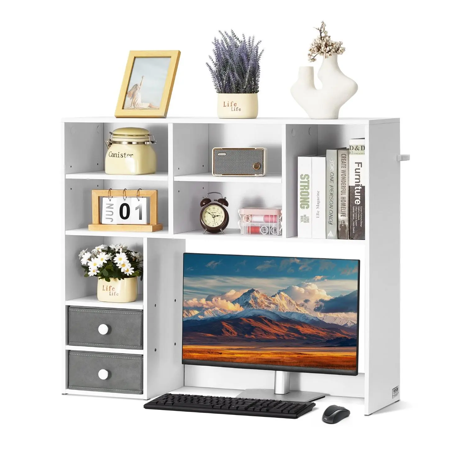 VEVOR 3-Tier Desktop Wood Storage Organizer Rack, 37in x 10in x 31.1in Display Shelf with 2 Fabric Drawers, for Office & Home Dorm, White