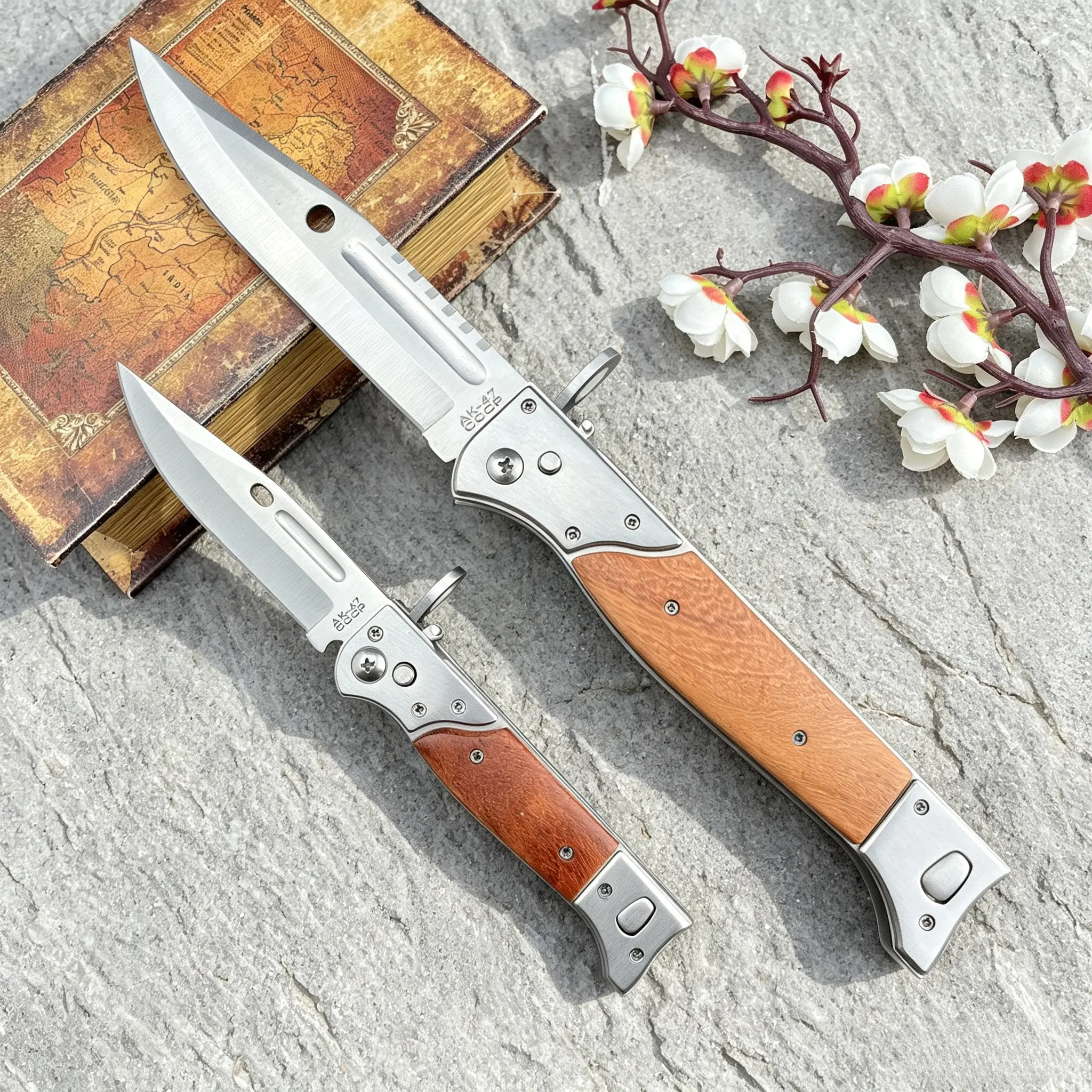 Unisex 2 Sizes Folding Pocket Knife - Wood Handle, 440C Blade, Sheath Included, Hiking Camping EDC Tool, Multifunctional Sports & Outdoor Gear, Folding Pocket Knives, Two Sizes