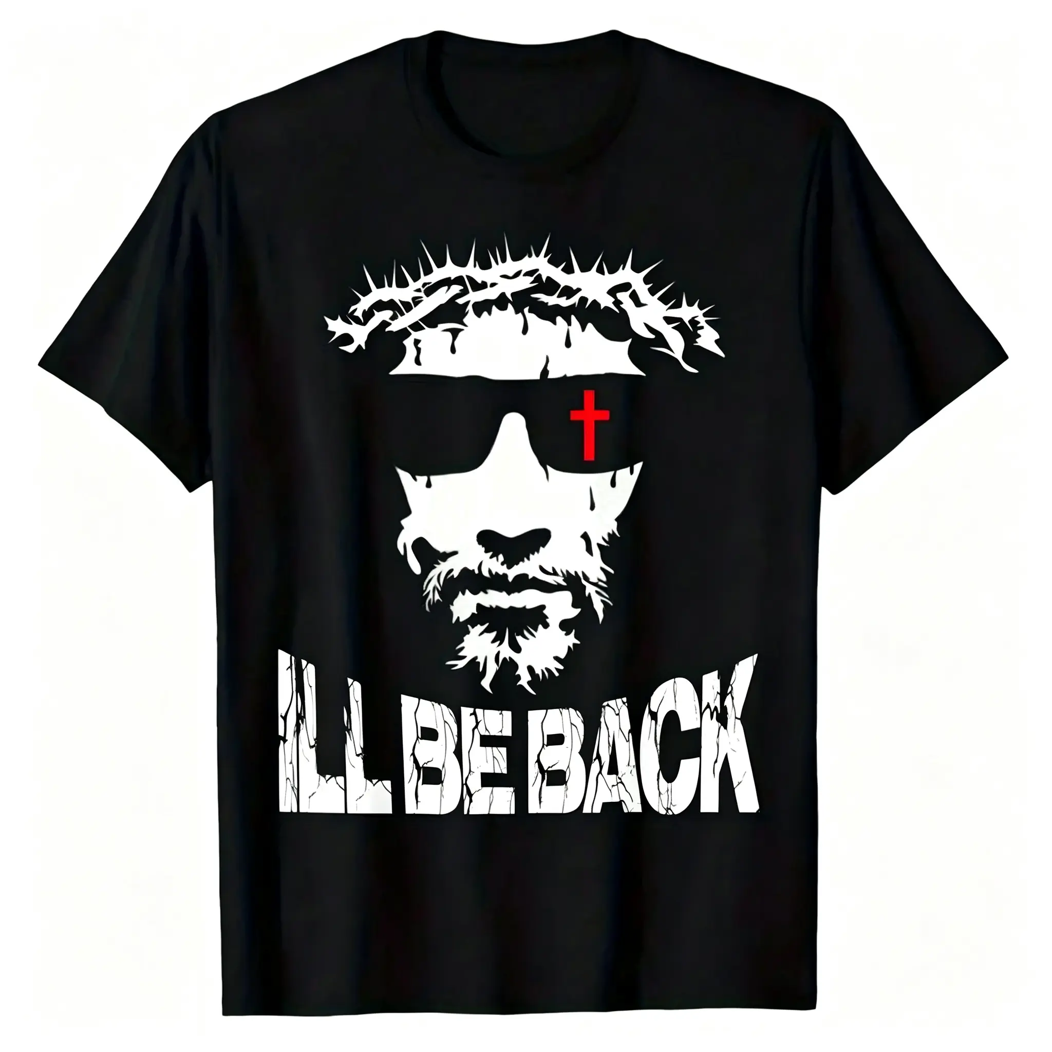 "I'll Be Back" Jesus T-Shirt for Men & Women - Crown Of Thorns Sunglasses Cross Graphic, Soft Cotton Crew Neck Short Sleeve, Comfortable All-Season Tee, Perfect for Everyday Casual & Streetwear Style, Summer Spring, Machine Washable