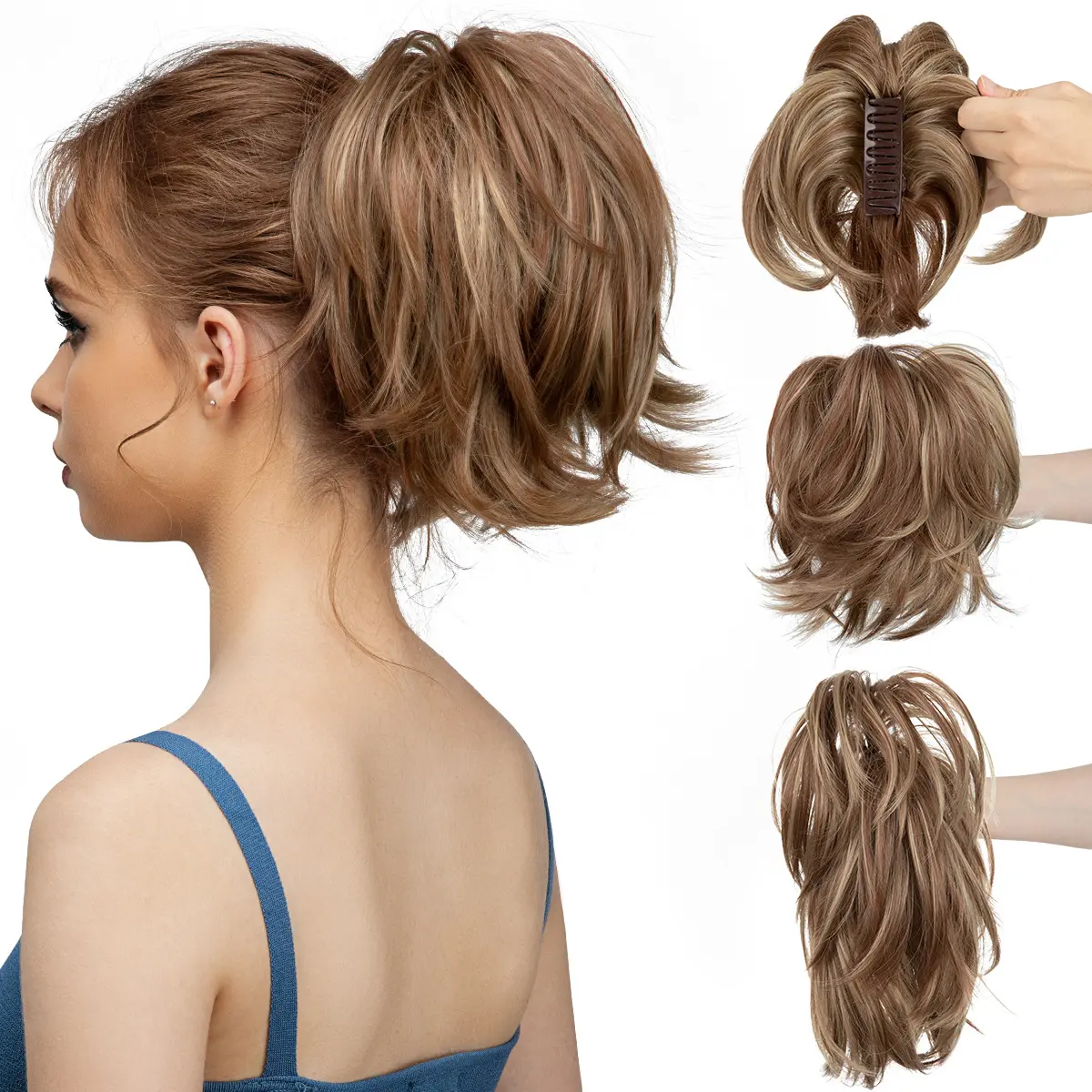 Short Fluffy Small Curly Claw Clip Ponytail for European American Women, Adjustable Shark Clip Heat Resistant Synthetic Hair Extension, Voluminous Natural False Ponytail Hairpiece Easy to Wear for Daily Party Hairstyle