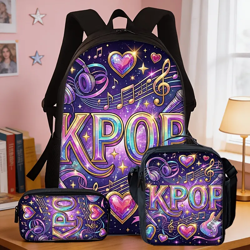 [3pcs Backpack Set] 3pcs Bag Set Featuring a 2D Fashion Printed Backpack, KPOP Style Trendy Double Shoulder Bag , Music Elements Design # backto school # Backpack set # school gifts # girls gifts #   boys gifts # birthday gifts, 17in Bookpack