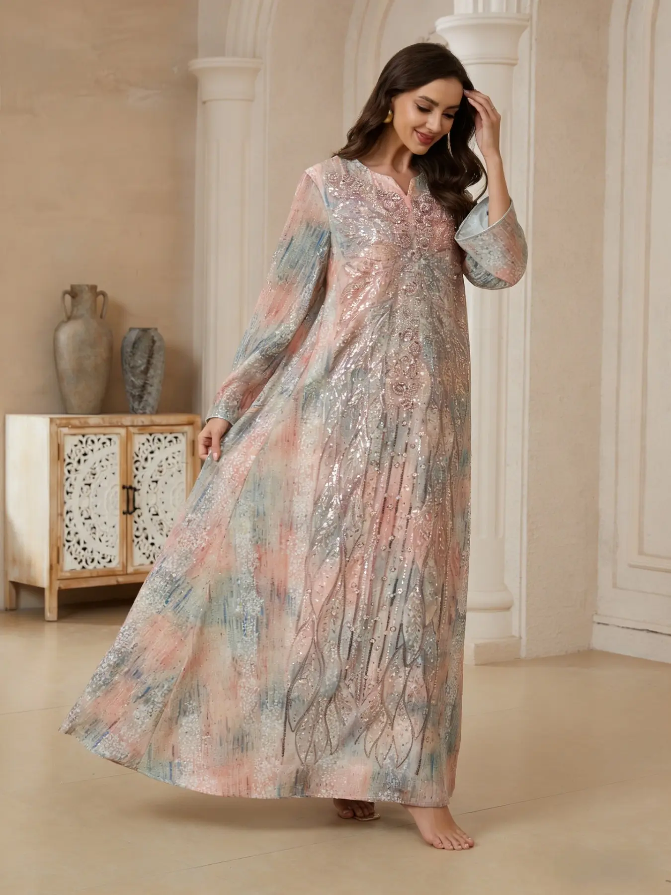 Cross-Border Embroidered Sequined Long Sleeves Long Formal Dress, Evening Wear, Elegant Quality Maxi Dress, Evening Sequin Details, Noble Style Export Long Women's Dress, All-Season Fitted Ethnic Pattern, Classy Modest Dresses