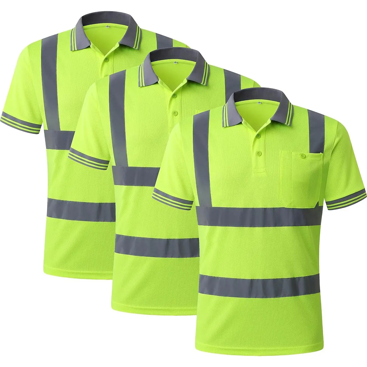 High Vis Shirts for Men Construction Shirt JK66 3 Pack Yellow L| Class 2 Hi Vis Polo Shirts Breathable Bird-Eye, Quick-Dry ANSI 107-2020 for Work & Night Safety