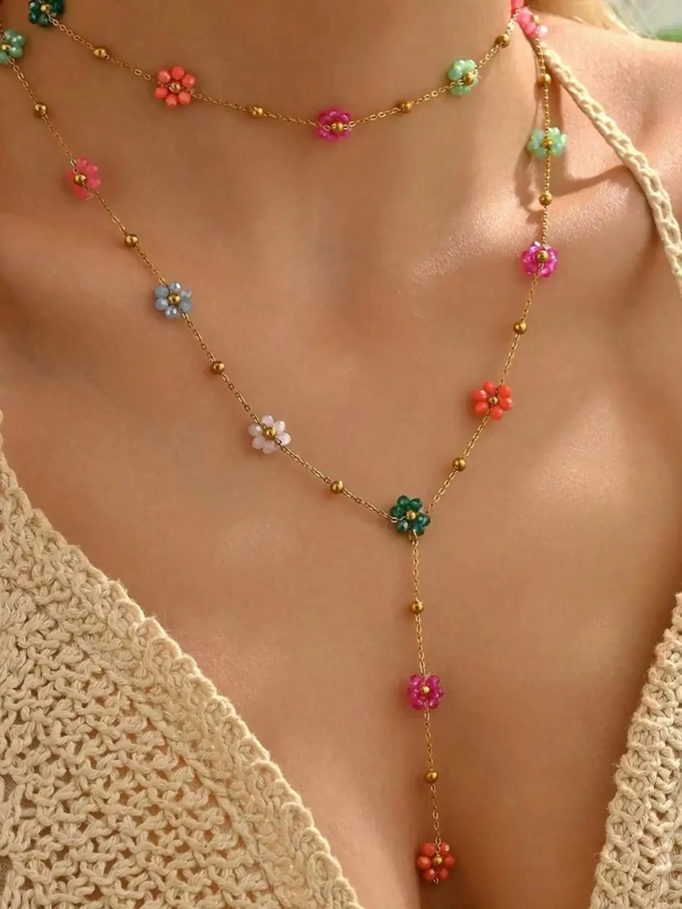 2 Piece Set Cute Crystal Flower Accessory Necklace Y Shape Titanium Steel Design Colorful Beads Boho Style Pendant Necklace for All Seasons Beaded Y Necklace Necklace Pendant Jewelry