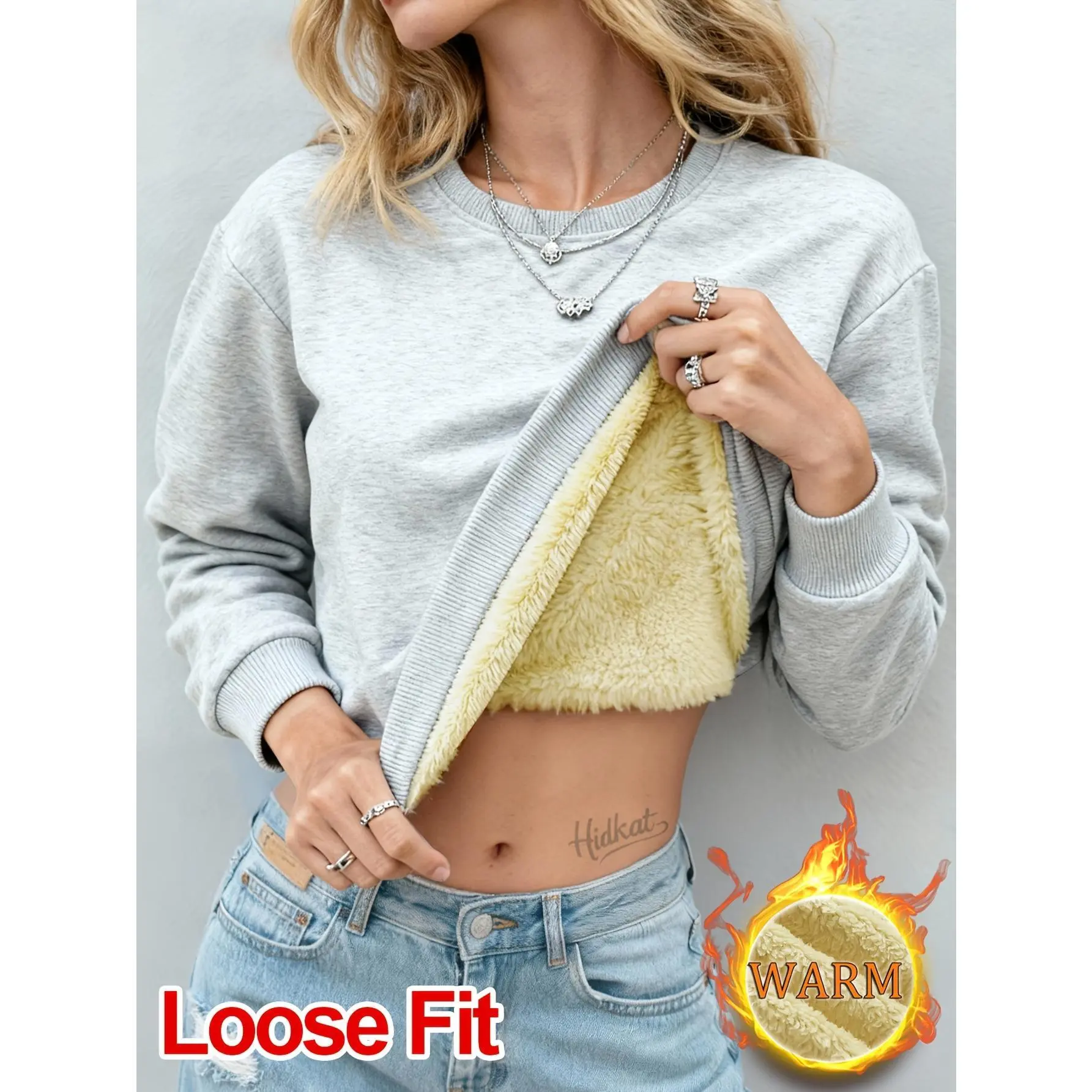 Women’s Thick Plush Fleece-Lined Crew Neck Sweatshirt | Minimalist Casual Winter Streetwear Top, Soft Sherpa Lining, Loose Relaxed Fit, Ribbed Cuffs & Hem, Everyday Outings, Cold Weather Loungewear to Pair with Bottoms