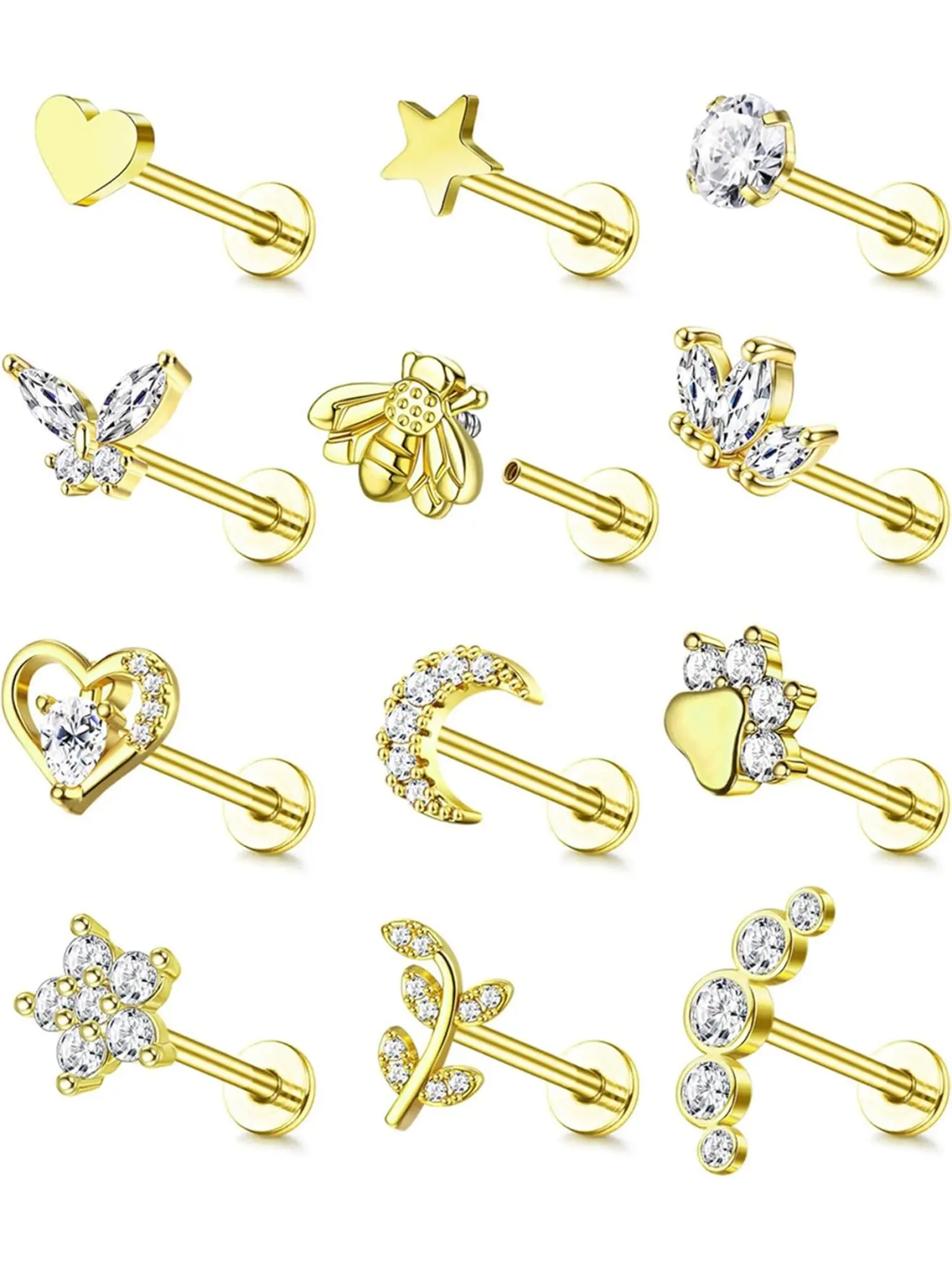 12Pcs 16G Stainless Steel Flat Back Tragus Stud Earring Set for Women, Top Screw CZ Butterfly Bee Flower Moon Heart Cartilage Piercing Jewelry for Labret Conch Helix Pierce
