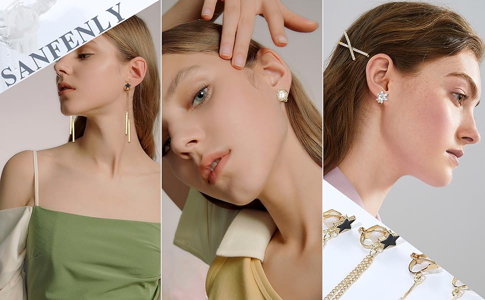 Sanfenly 13 Pairs Clip On Earrings for Women Gold/Silver Non Pierced Clip On Stud Earrings Clip Dangle Earrings Rhinestone Simulated Pearl Butterfly Flower Star Knot Hypoallergenic Clip Earrings Set