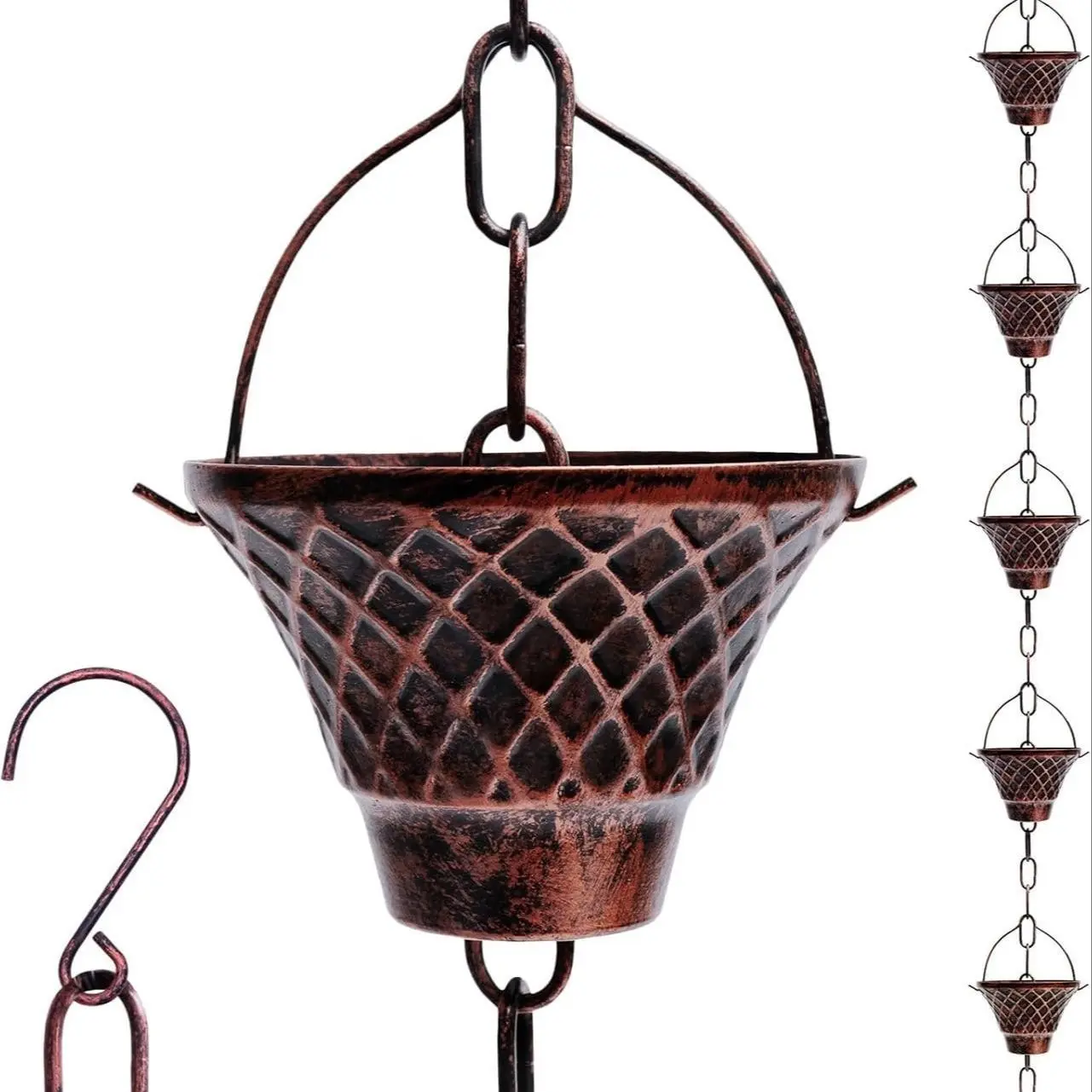 2.6m Long Bell-Shaped Iron Rain Chain, Rust-Resistant Electroplated Garden Decor, Includes Drainage Adapter, Antique Bronze/blue Color