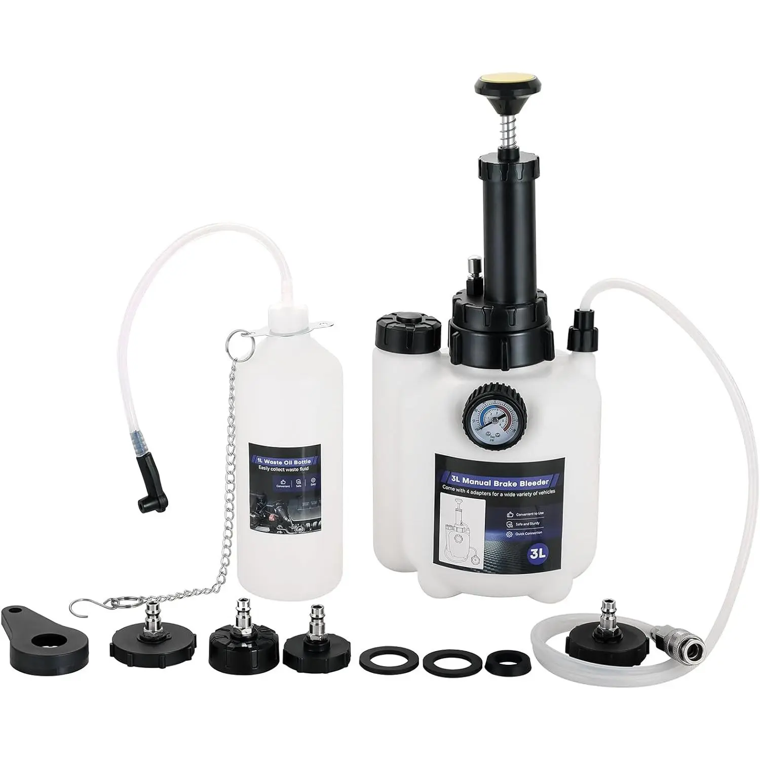 3L Brake Bleeder Kit | Manual Brake Bleeder, Brake Pressure Bleeder Kit, One-Person Brake Lluid Bleeder Kit with 1L Collection Bottle & 4 Reservoir Adapters for Brake and Clutch Systems