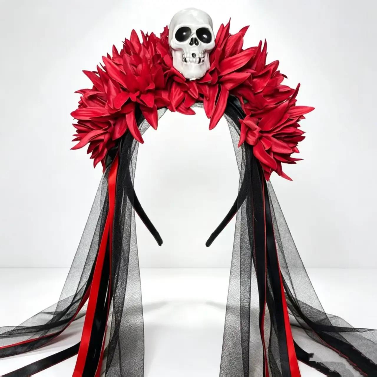 Halloween Skull Flower Veil Headband, Dark Rose Long Flowing Hair Accessory, Cosplay Props Decoration, Party Wear