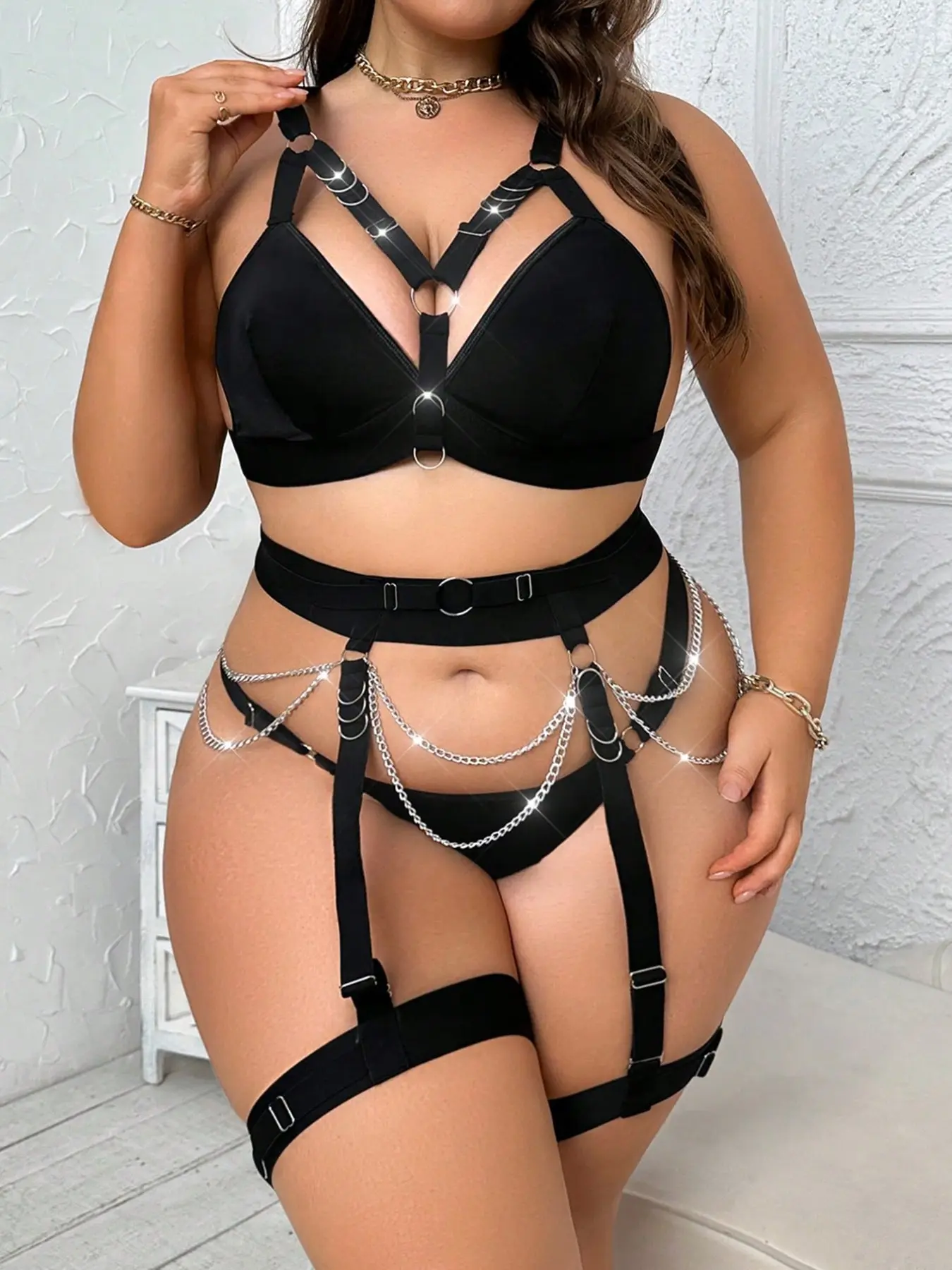 Edgy Harness Glamour Lingerie Set, Underwear, Chain & Metal Ring Details, Bold Fashion Statement, Perfect for Night Out, Unique Design
