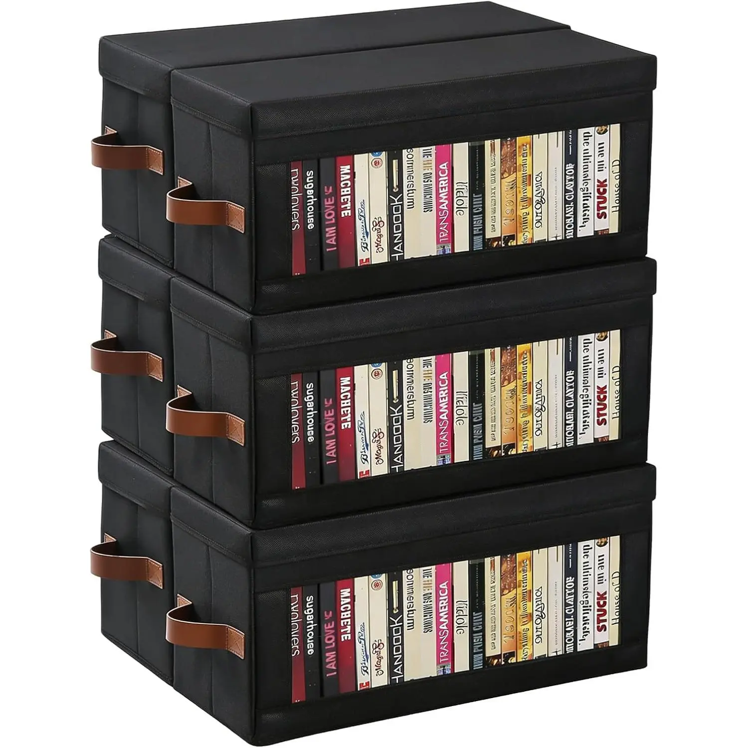 Set of 6 CD Case, Non-Woven Stackable CD Storage Box with Lid and Handles, DVD Storage Case, 13.2" L x 5.9" W x 5.3" H Each, Solutions to Protect Your Precious Collection, Black
