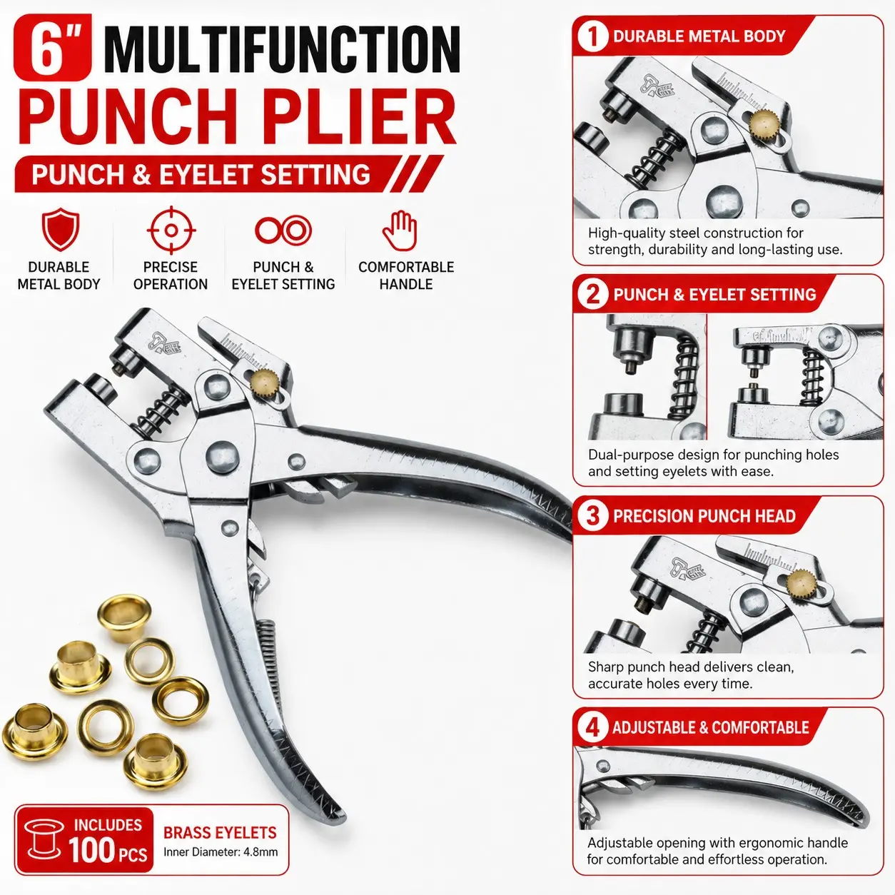 101pcs Multi-Functional Leather Punching Tool Kit, Includes Puncher and 100pcs Eyelets, Ideal for Various Materials