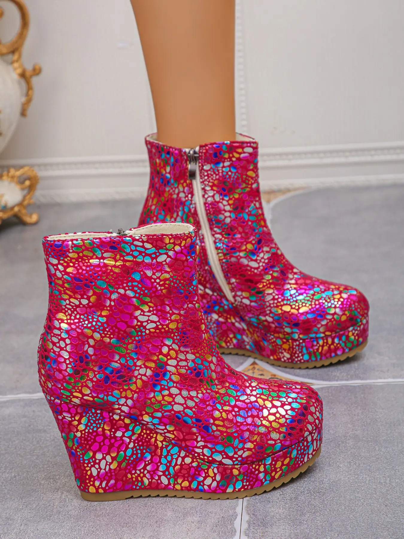 Women's Colorful Snake Print Wedge Short Boots, Round Toe Side Zipper Thick Sole High Heel Ankle Boot, Fashion Party Shoes