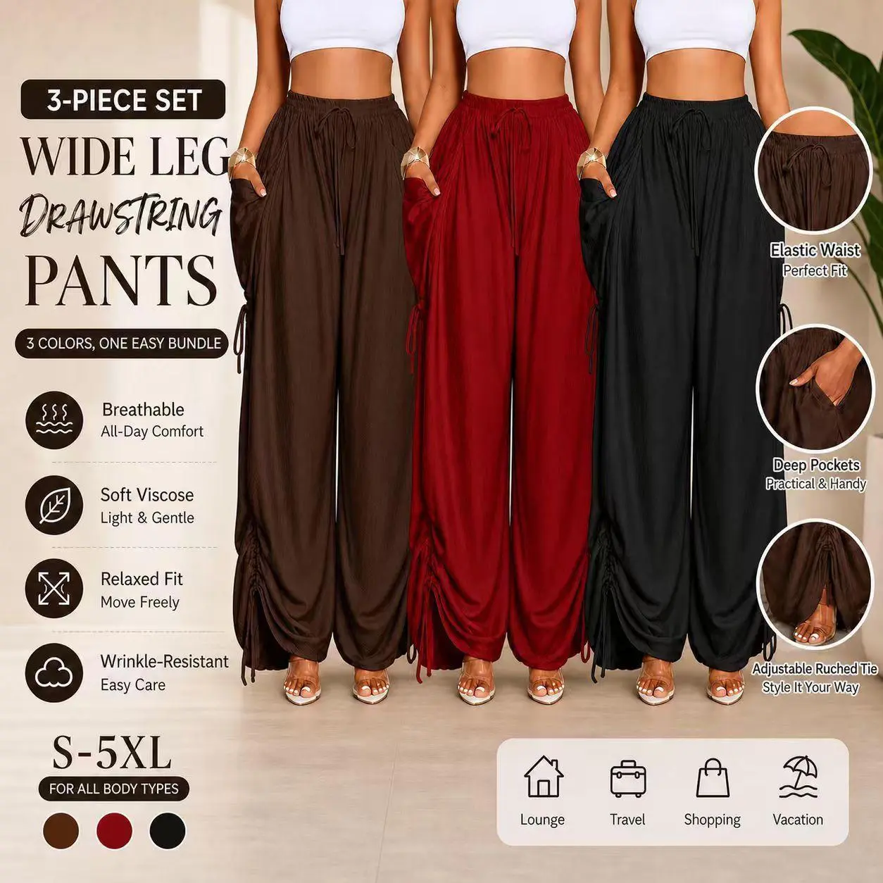 Women’s 3-Piece High-Waisted Wide Leg Bottom Set, Adjustable Drawstring Baggy Palazzo Pants, Smooth Viscose Drape Fabric Flowy Pants with Deep Pockets, Lightweight Breathable Summer Casual Sport Outfit S-5XL