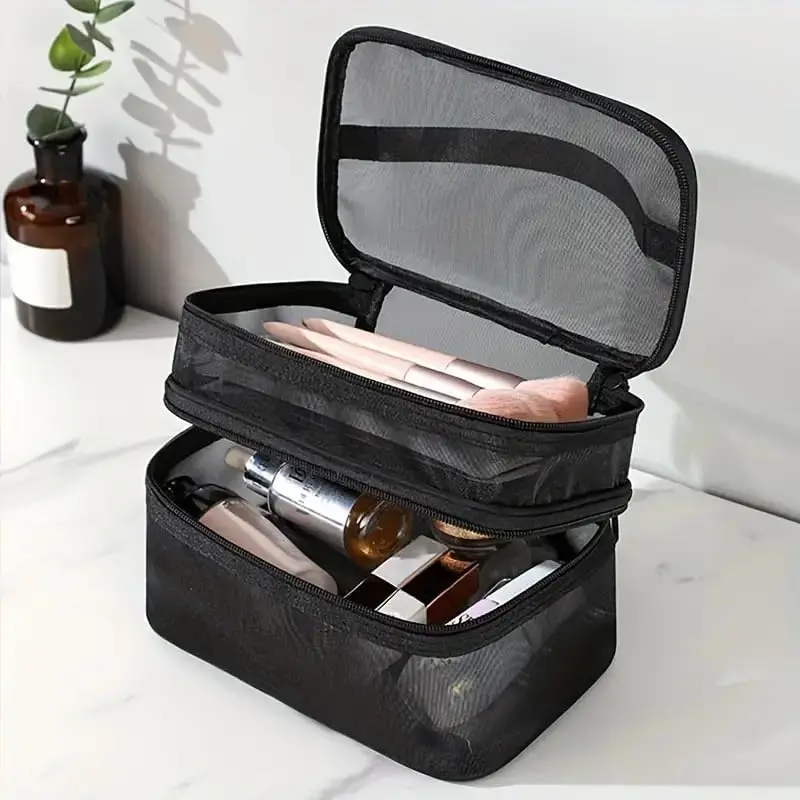 Mesh Makeup Bag, Portable 2-Tier Cosmetic Bag with Smooth Zippers, Travel Toiletry Organizer for Makeup & Skincare