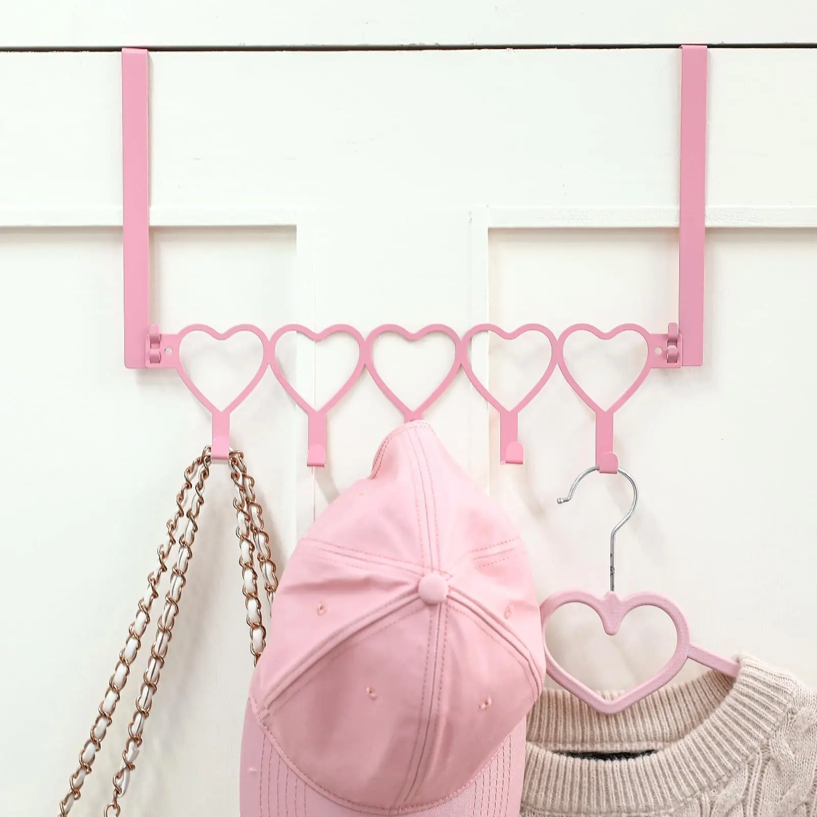 Heart Door Hook Organizer, Wall-Mounted Towel Rack, 5-Hook Design, Ideal for Bedroom & Bathroom, Storage for Towels, Hats, Clothes, Door Hanger Organizer, Bathroom Organizing Accessories, Wall Mount Hooks