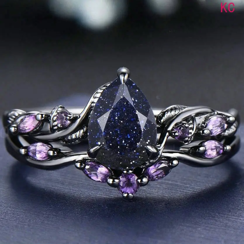 Gunmetal Plated Matching Ring Set With Teardrop Gemstones Inlaid Purple & Colorful Stones, Exquisite Finger Jewelry For Women Daily Styling