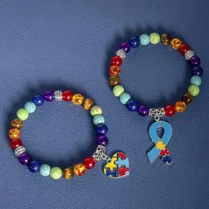 Unisex Autism Awareness Stretch Sports Wristband, Decorated with Rainbow Beads & Natural Chakra Stone Puzzle Piece Charm, Adjustable Elastic Support Bracelet for Daily Casual Wear, Summer Awareness Accessories