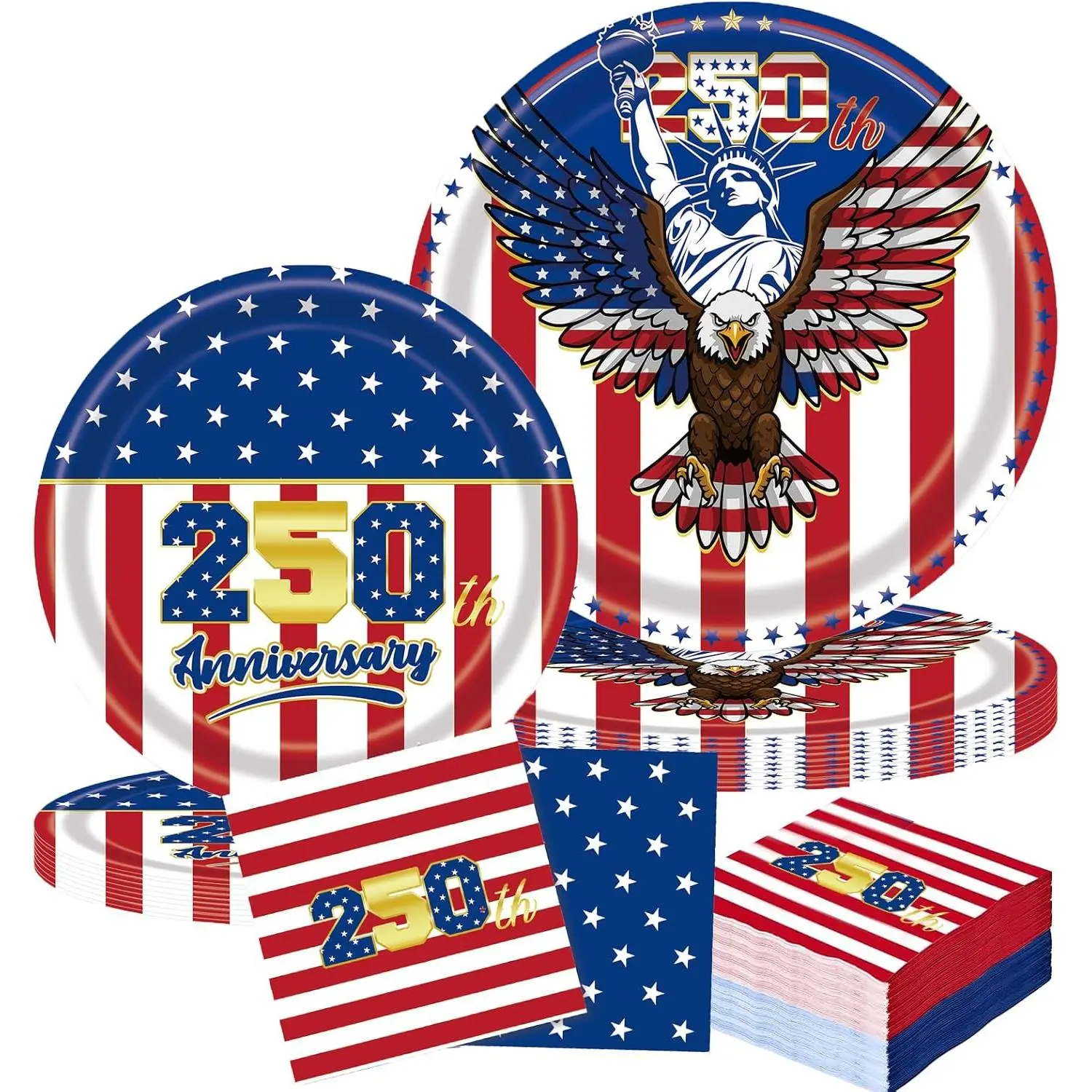 250th Anniversary USA Patriotic Disposable Party Supplies Set - 50-Serve Dinner Paper Plates, Dessert Paper Plates & Napkins for Independence Day, Veterans Day Decorations
