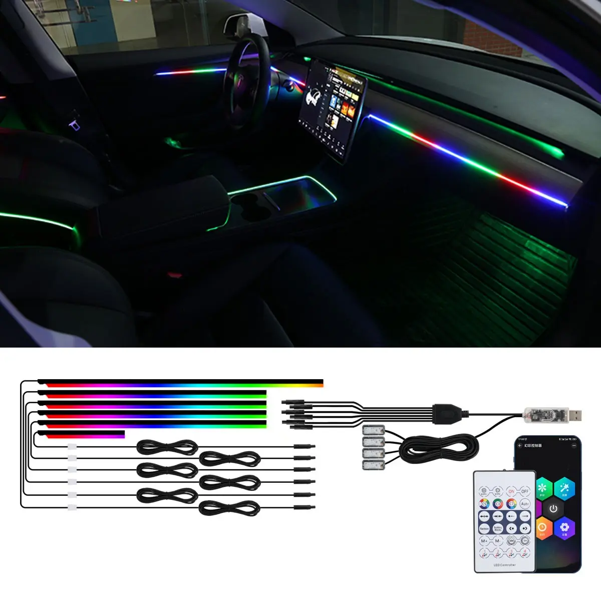 10 in 1 Car LED Acrylic Light Strip RGB Symphony Auto Interior Strip Lights Remote/APP Control Led Lights For Car Decorative Atmosphere Lamp Led Car Ambient Light