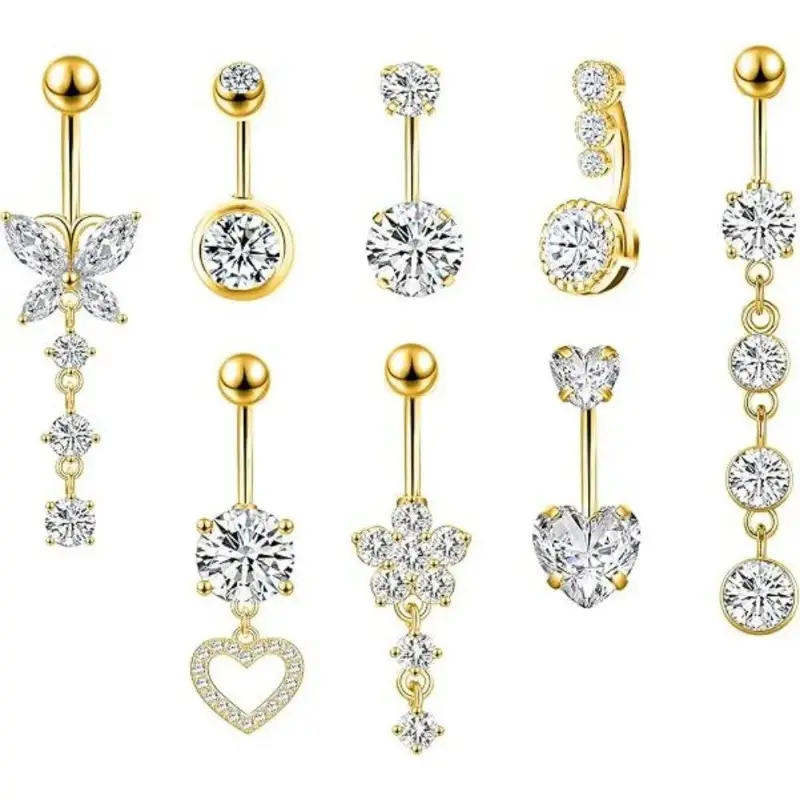 Belly Button Rings for Women, 8-Piece Dangle Butterfly & Flower Jewelry Set, 14G Gold & Silver Tone Stainless Steel