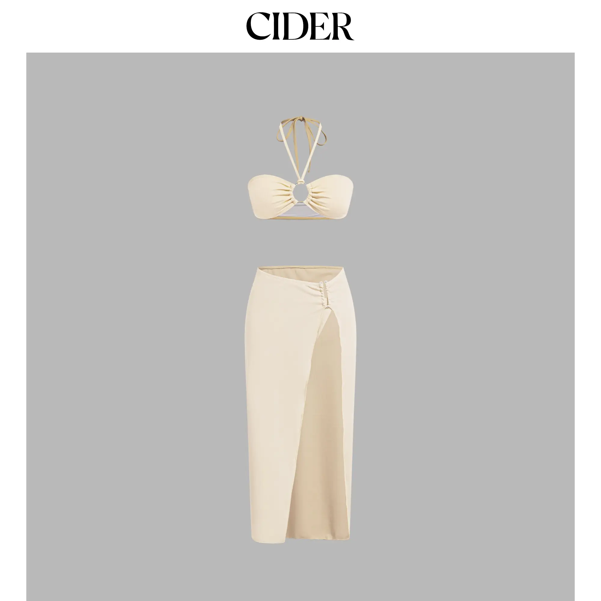 Cider V-neck Solid O-Ring Halter Cheeky Bikini Swimsuit With Cover Up Beach Skirt