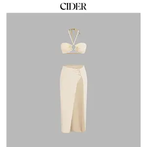 Cider V-neck Solid O-Ring Halter Cheeky Bikini Swimsuit With Cover Up Beach Skirt